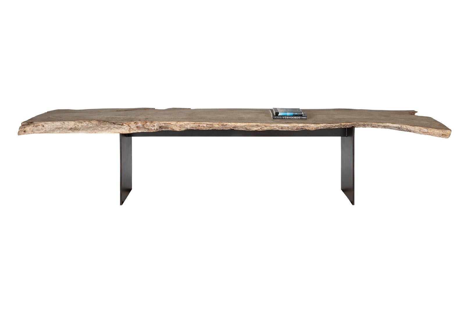 Organic Modern Bleached Organic Form Lychee Wood Slab on Patinated Steel Base For Sale