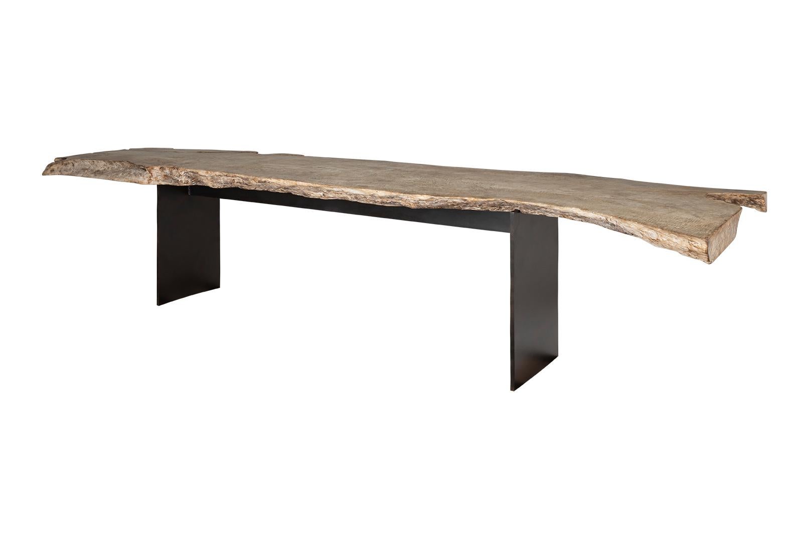 20th Century Bleached Organic Form Lychee Wood Slab on Patinated Steel Base For Sale