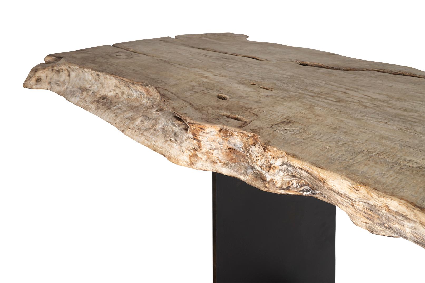 Bleached Organic Form Lychee Wood Slab on Patinated Steel Base For Sale 4
