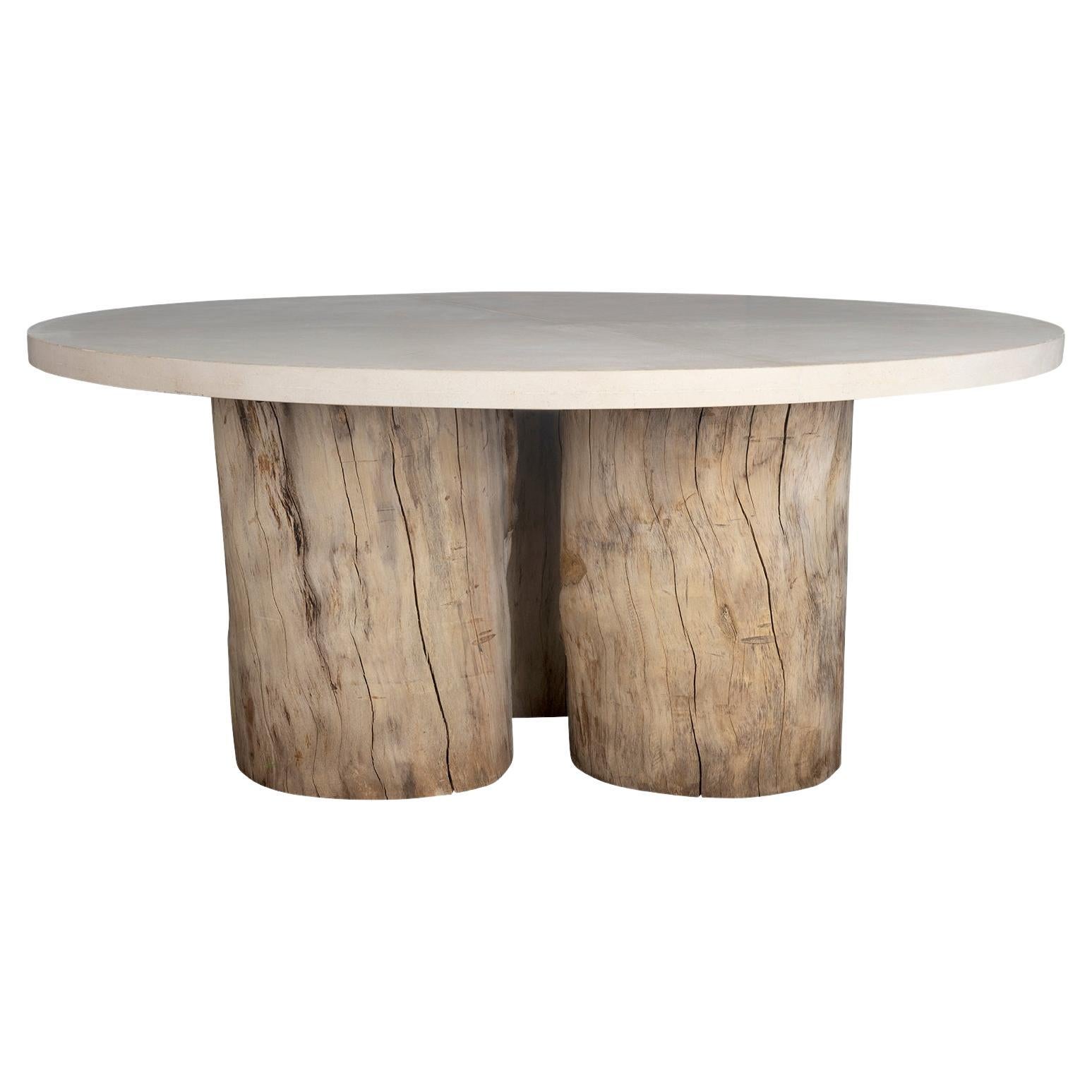 Oak Trunk Base with Lueders Limestone Top Dining Table For Sale
