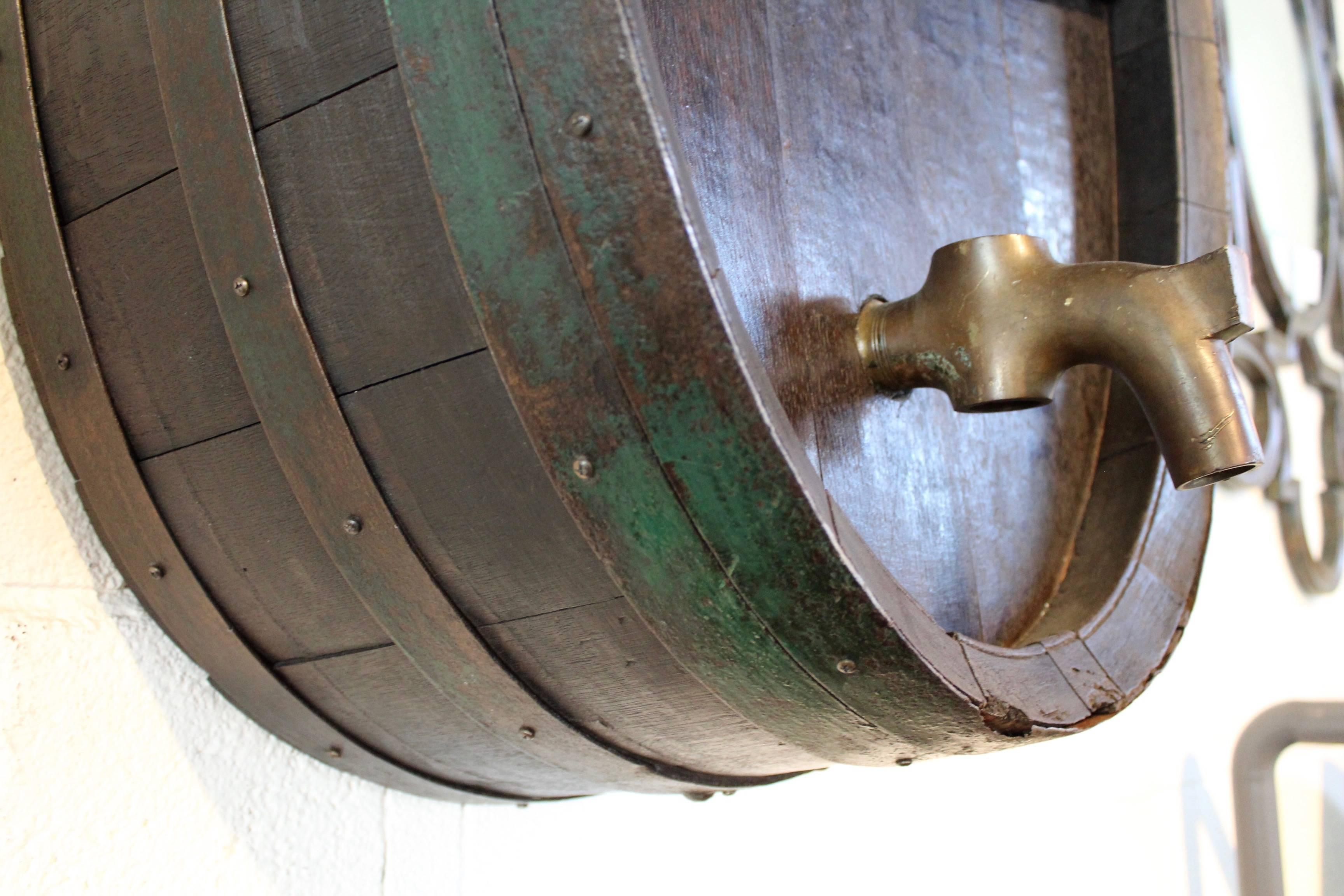 Antique French Iron Banded Green Wine Barrel as Wall Decor, circa 1900 In Good Condition In Dallas, TX