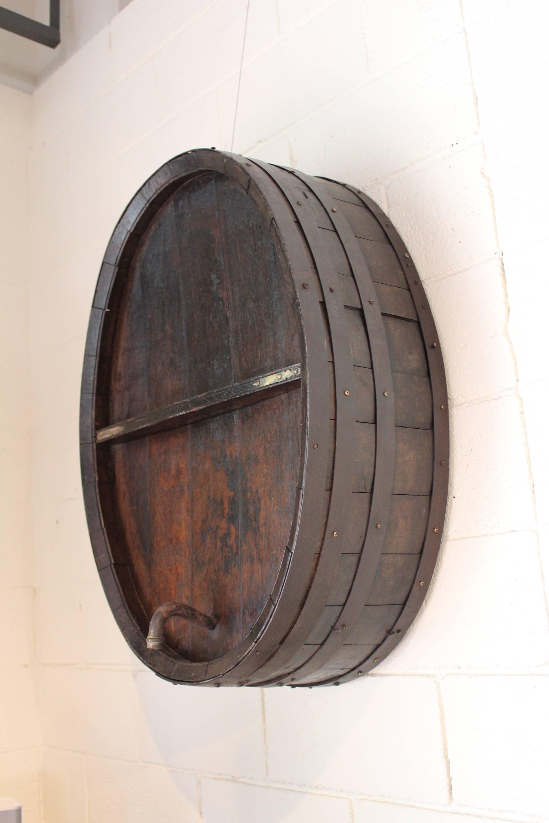 Rustic Antique French Iron Banded Wine Barrel as Wall Decor, circa 1900