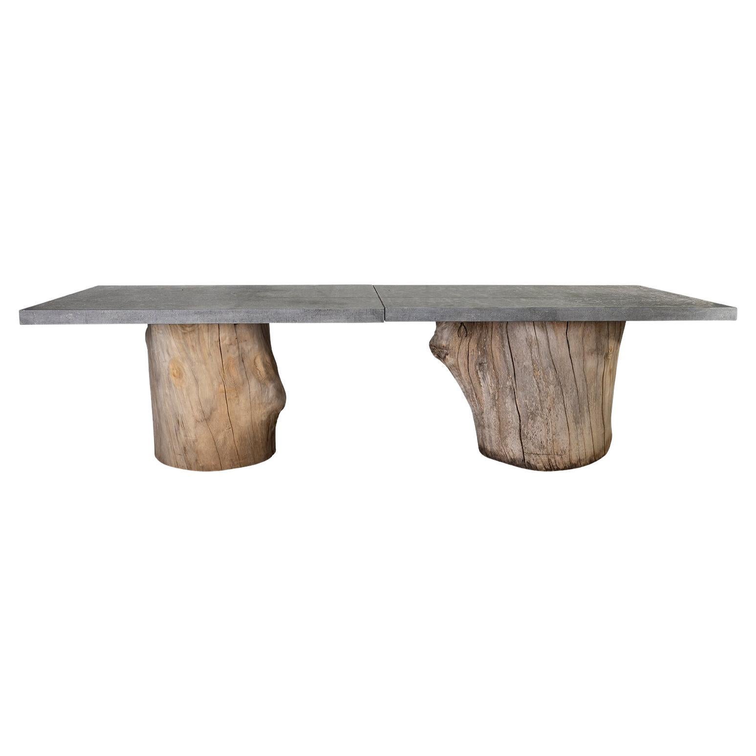 Belgium Blue Stone Top with Scored Edge with Oak Trunk Base Dining Table For Sale