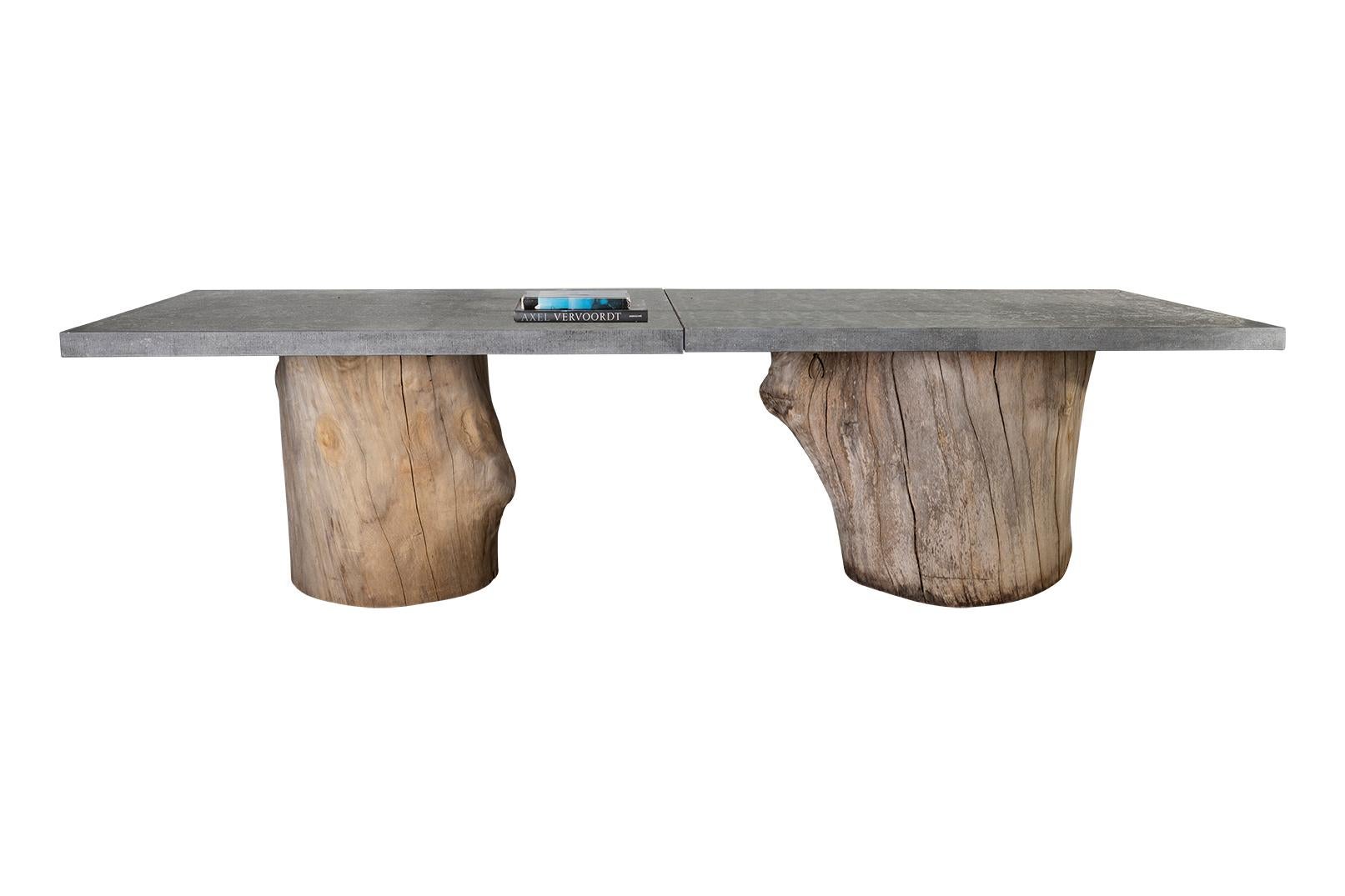 Organic Modern Belgium Blue Stone Top with Scored Edge with Oak Trunk Base Dining Table For Sale