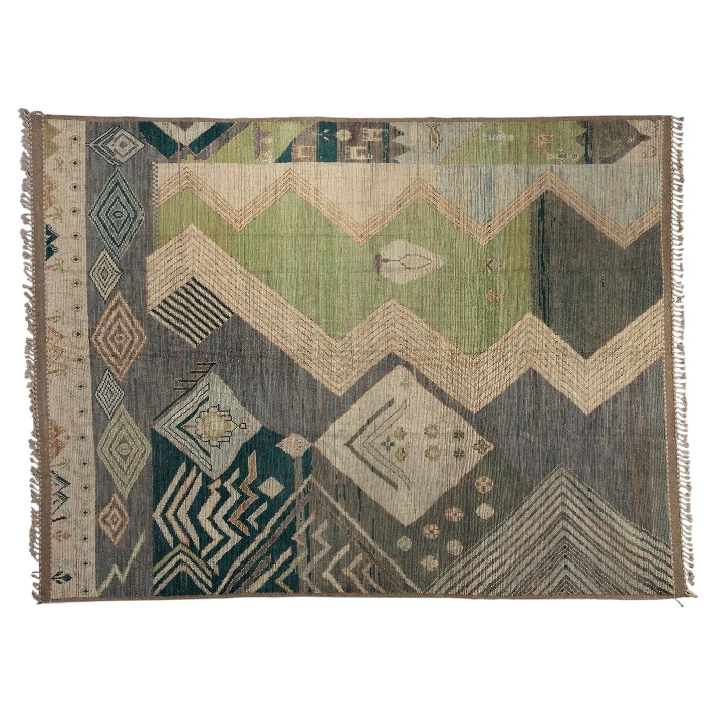 Modern Woven Rug in Moss Green and Gray Geometric Design For Sale