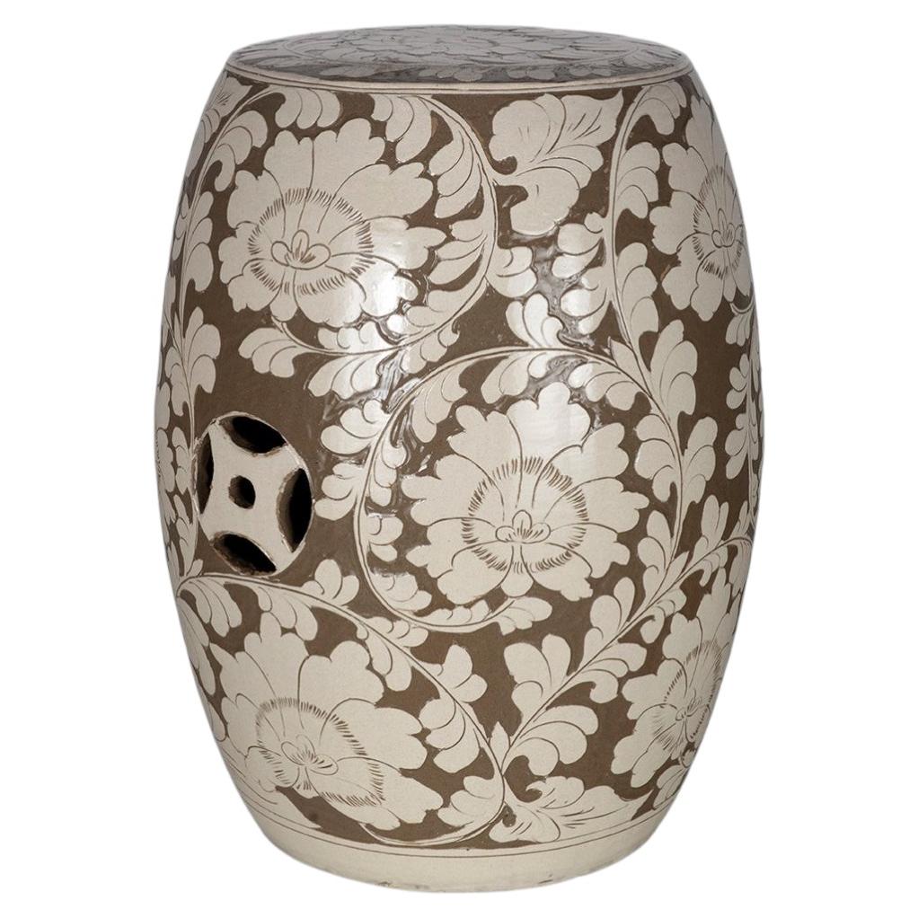 Beige and White Floral Motif Glazed Garden Stool For Sale