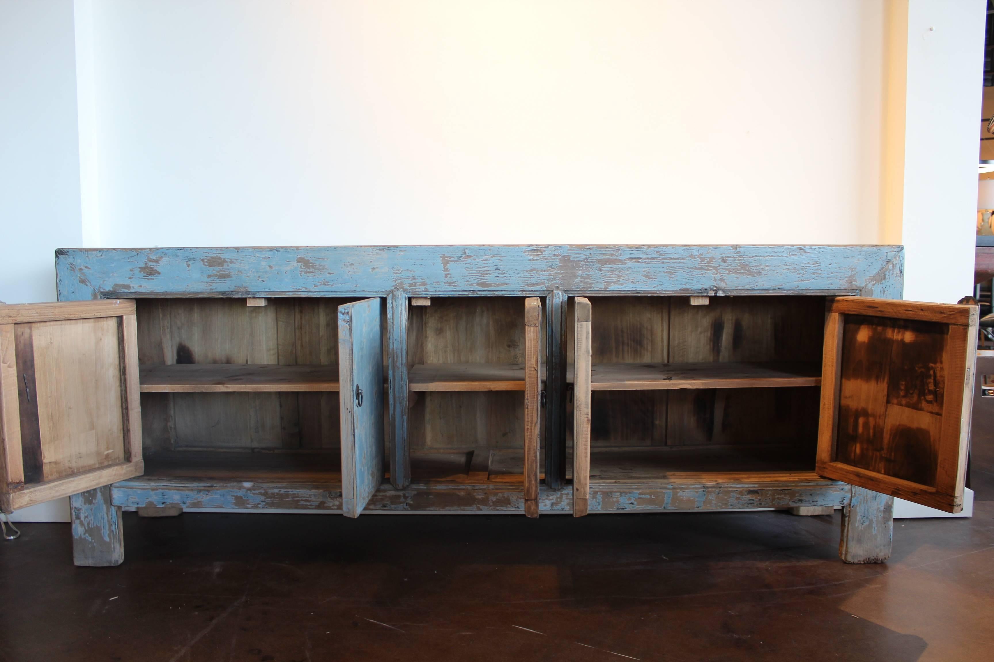 Antique Light Blue Five-Drawer Elm Sideboard In Good Condition In Dallas, TX
