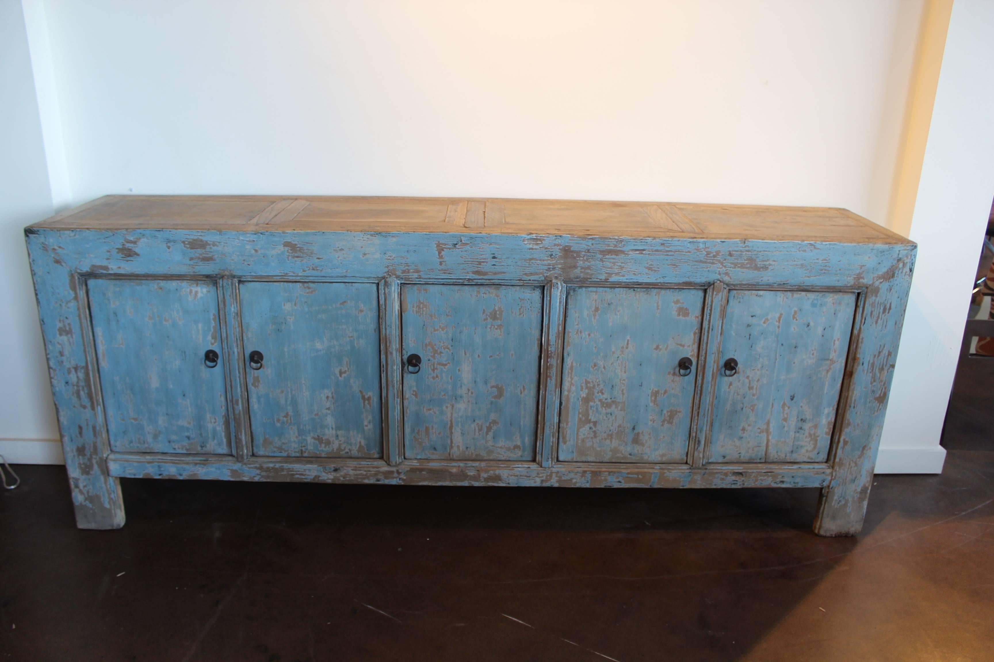 Antique Light Blue Five-Drawer Elm Sideboard 2
