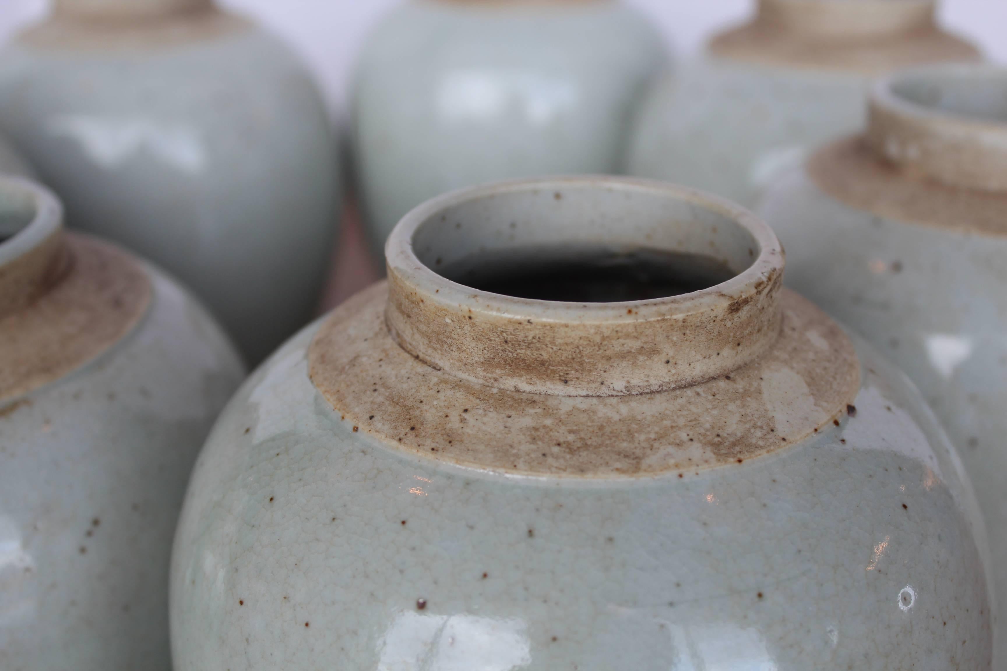 Antique Small Celadon Terra Cotta Glazed Jars In Excellent Condition In Dallas, TX