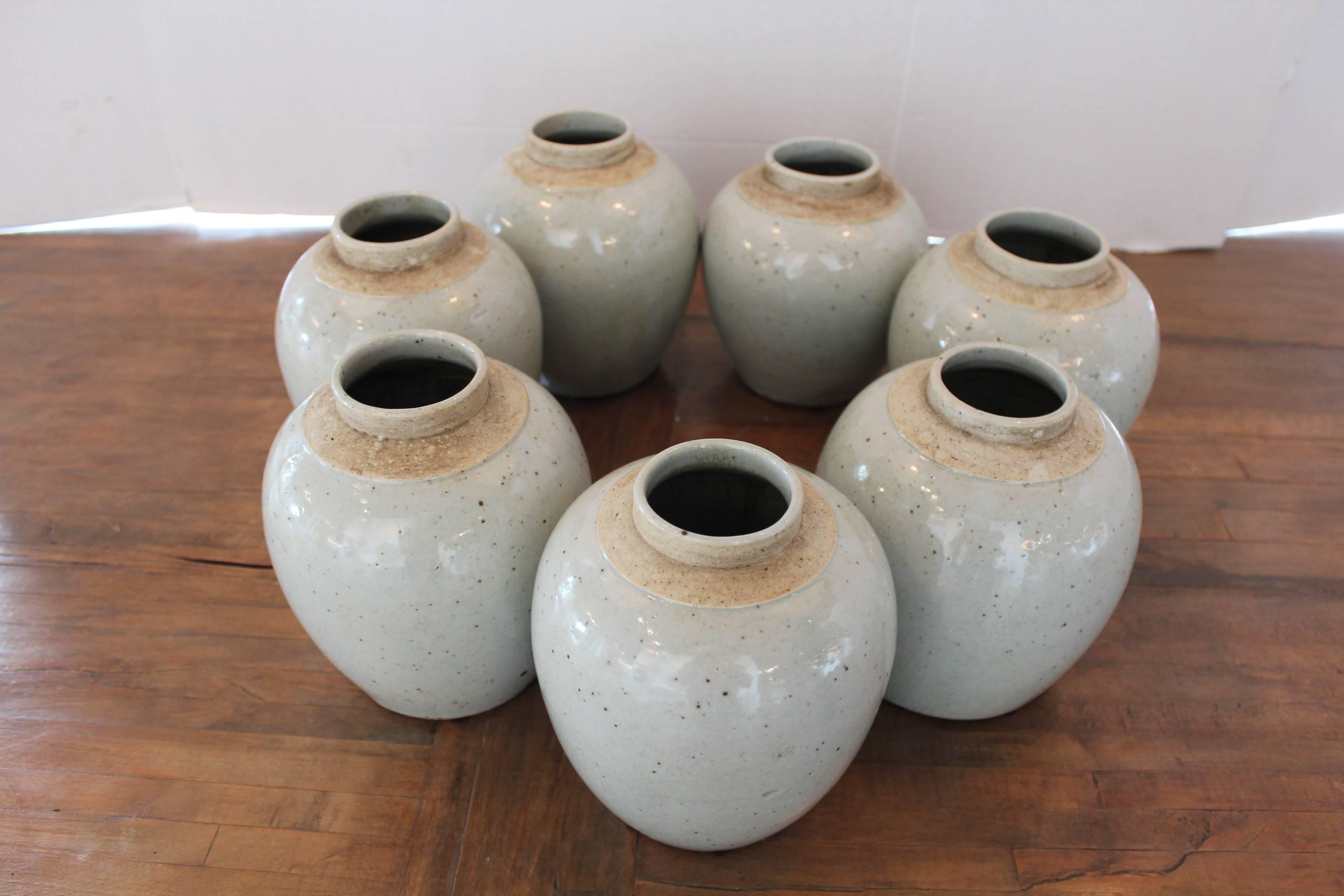 Antique small celadon terra cotta glazed jars. 

Speckled and crackled terra cotta glazed jar of light-grey celadon coloration with unglazed terra cotta at the top of the jar.  

