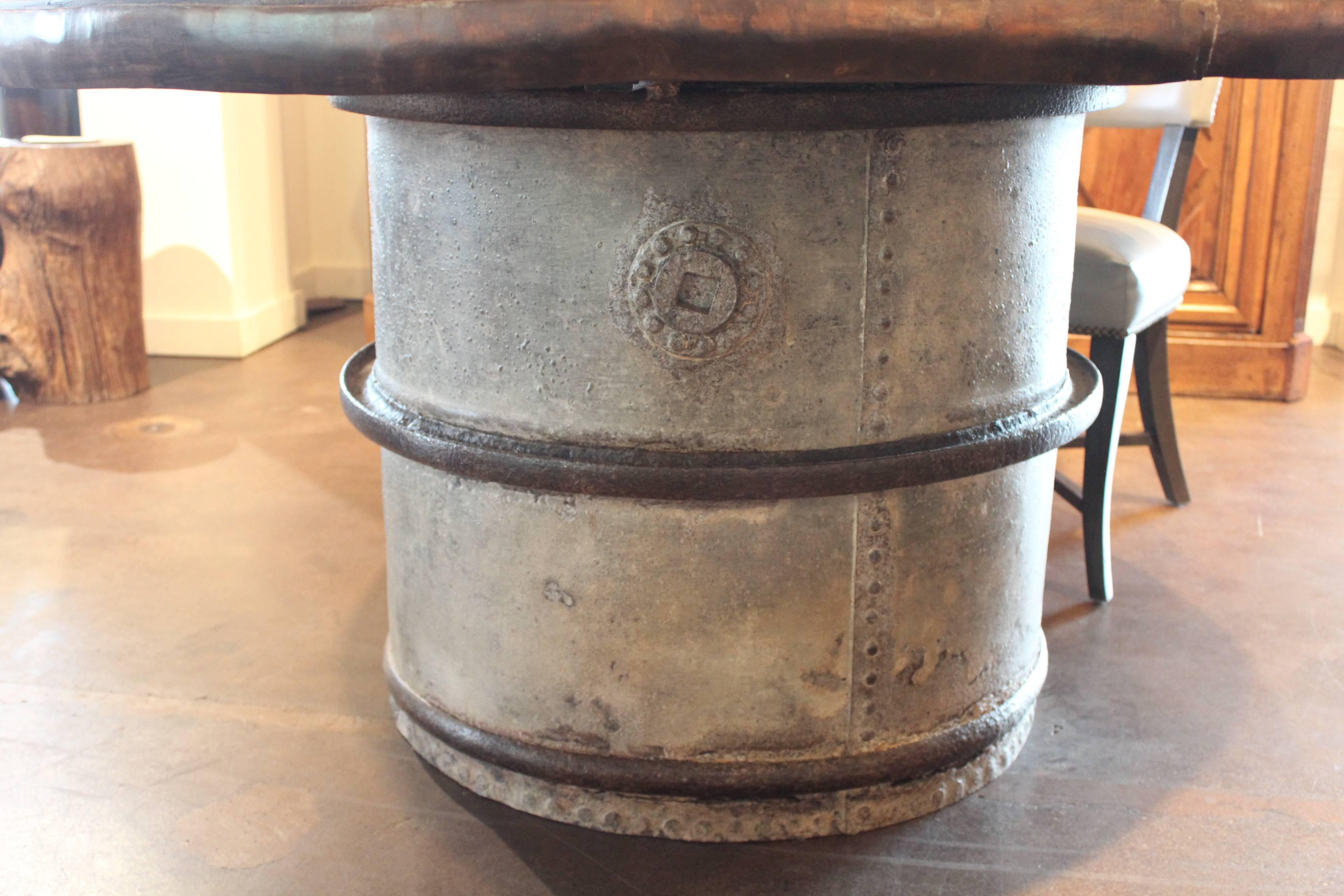 Galvanized Vintage French Storage Barrel as Table Base with Iron Rimmed Wood Top