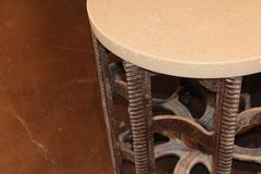 Antique French Industrial Cast Iron Spool as End Table with Limestone Top
