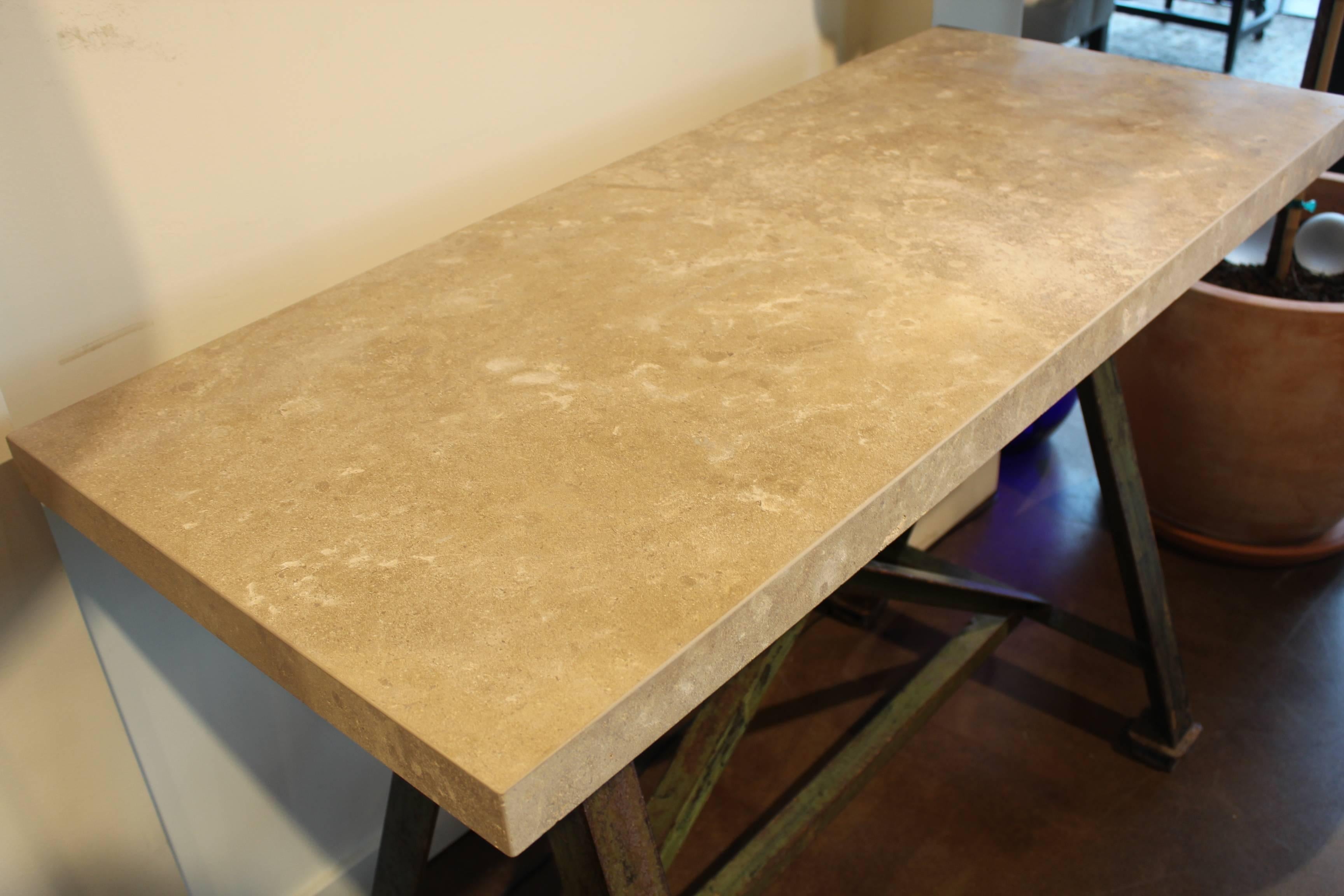Modern Vintage French X-Motif Industrial Base with Limestone Top