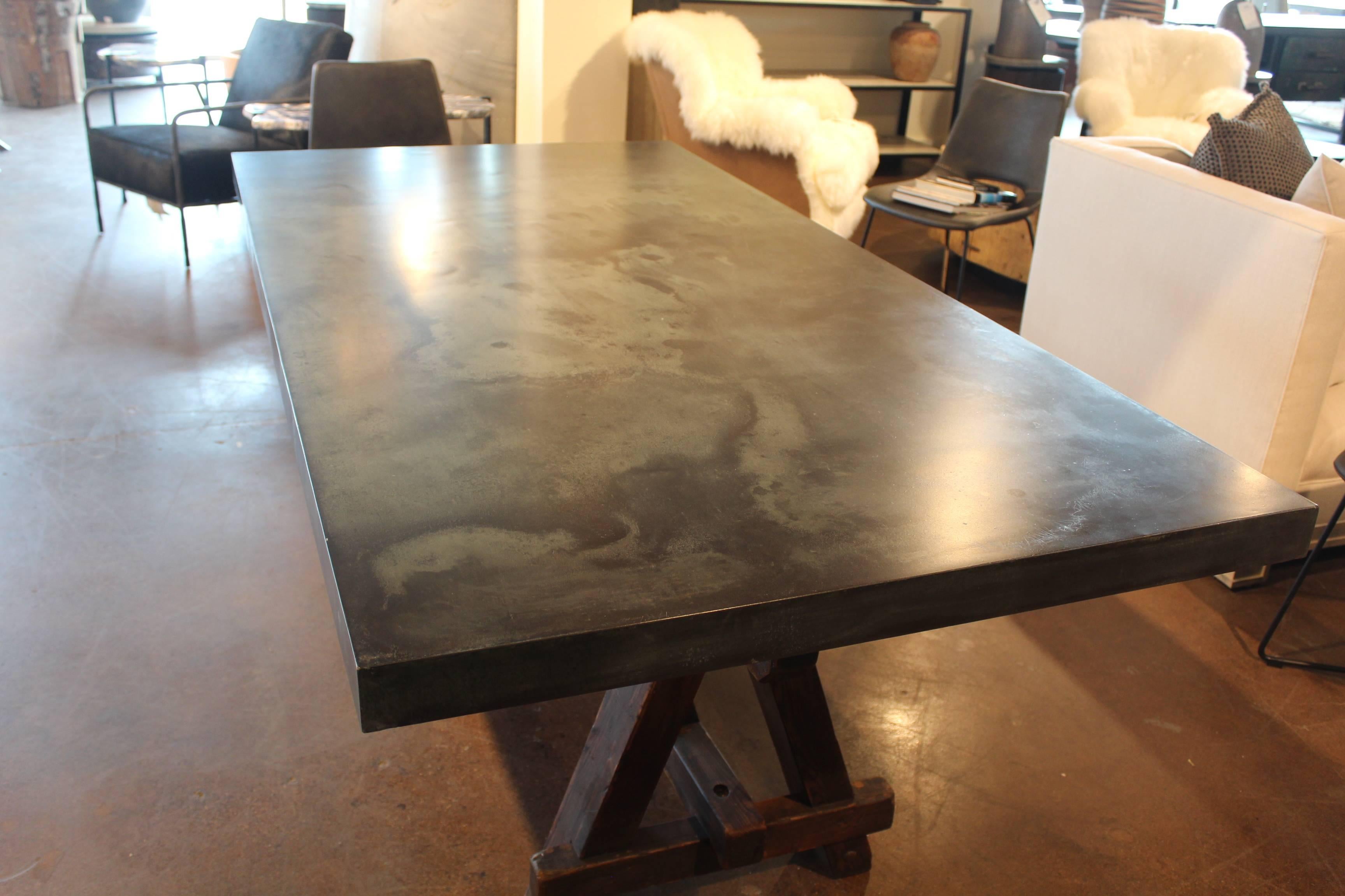 Modern Vintage French Tradesman's Sawhorse as Dining Table with Patinated Zinc Top