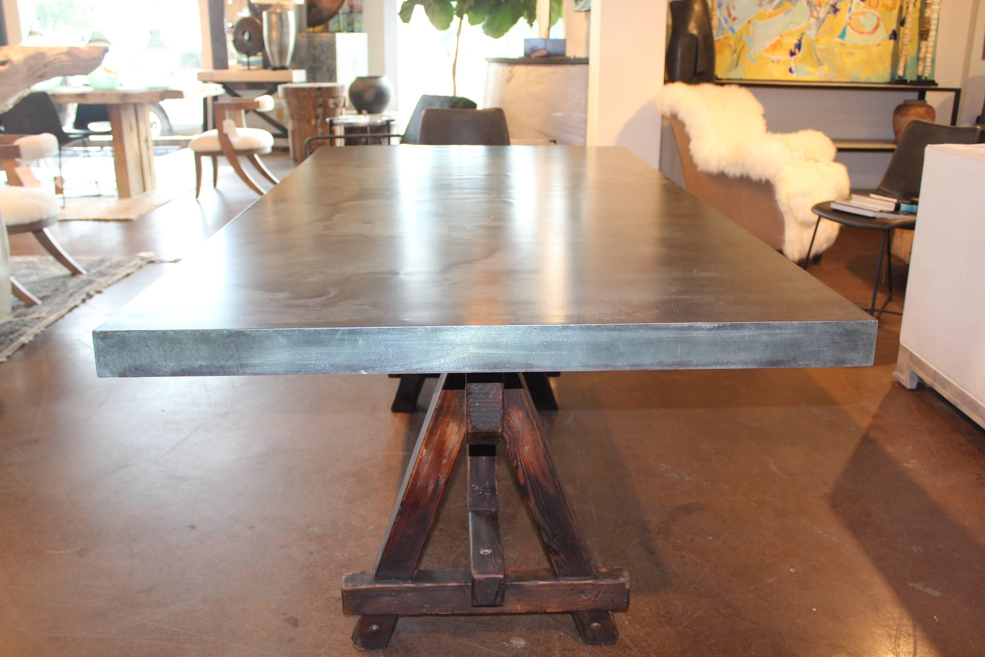 Vintage French Tradesman's Sawhorse as Dining Table with Patinated Zinc Top In Excellent Condition In Dallas, TX