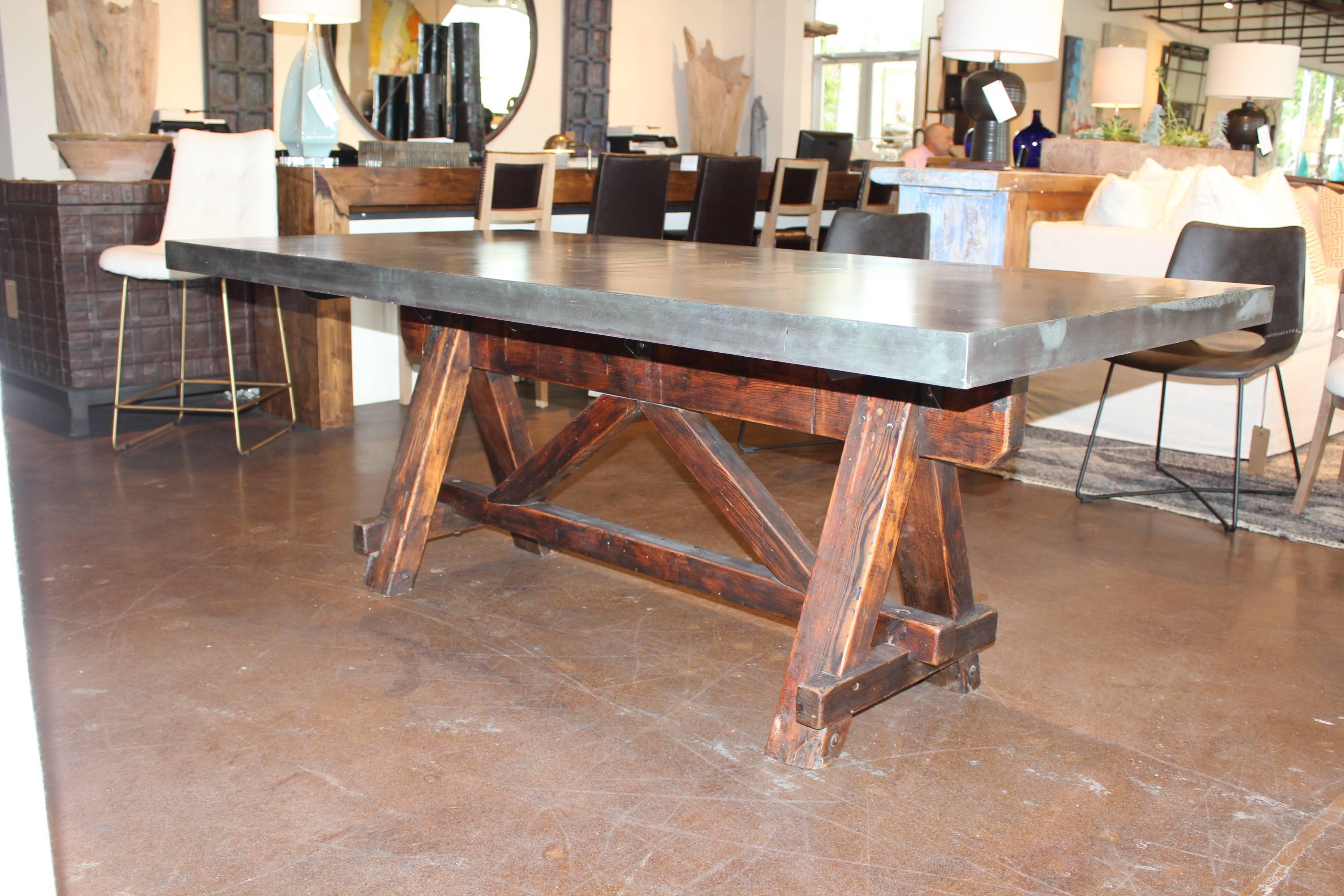 20th Century Vintage French Tradesman's Sawhorse as Dining Table with Patinated Zinc Top