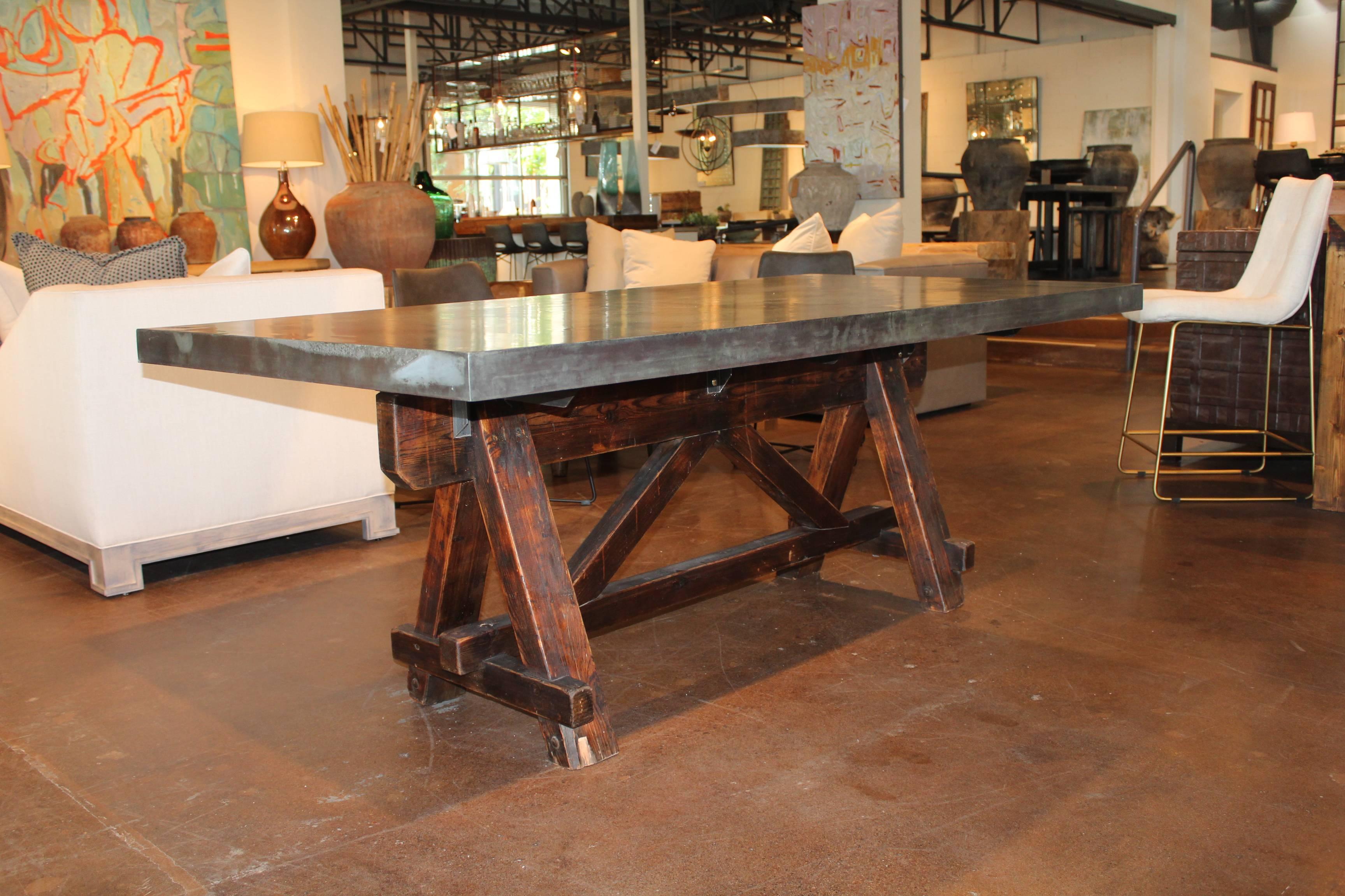 Vintage French Tradesman's Sawhorse as Dining Table with Patinated Zinc Top 1