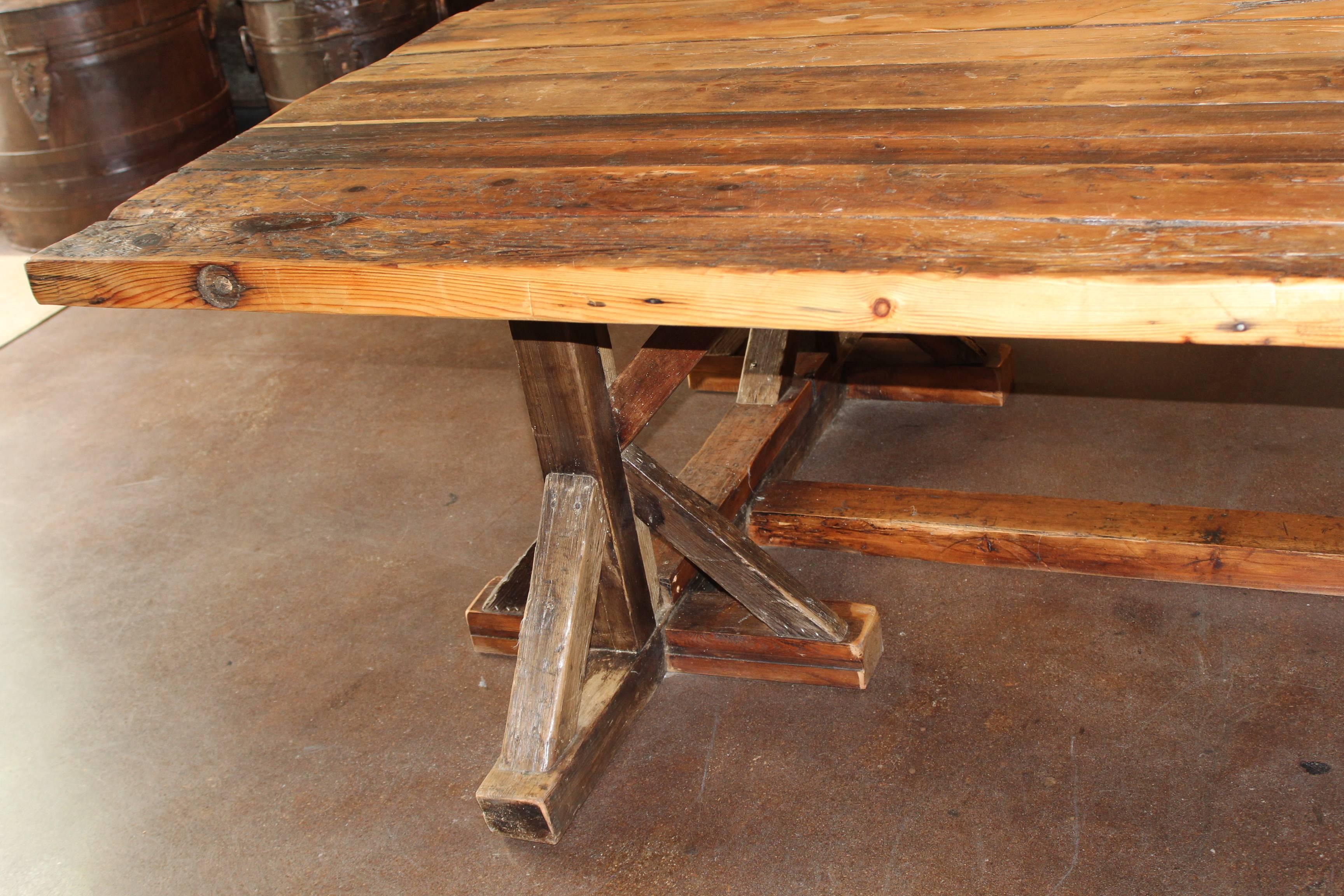 Oversize French Antique Style Shop Table on Architectural Base, Pine In Excellent Condition In Dallas, TX