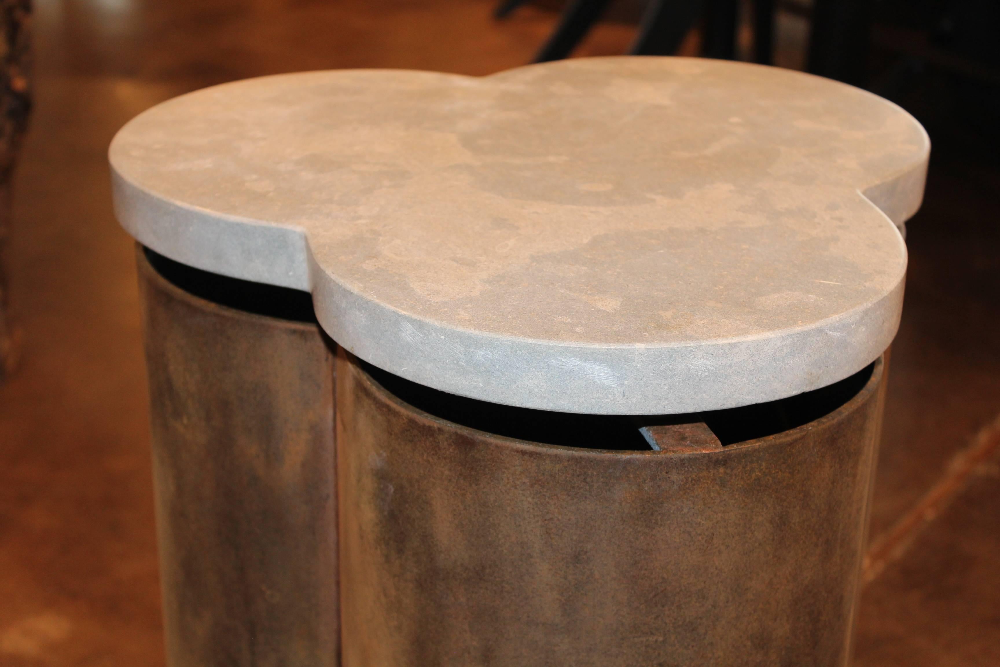 Modern Clover Design End Table with Honed Lagos Azul Limestone Top