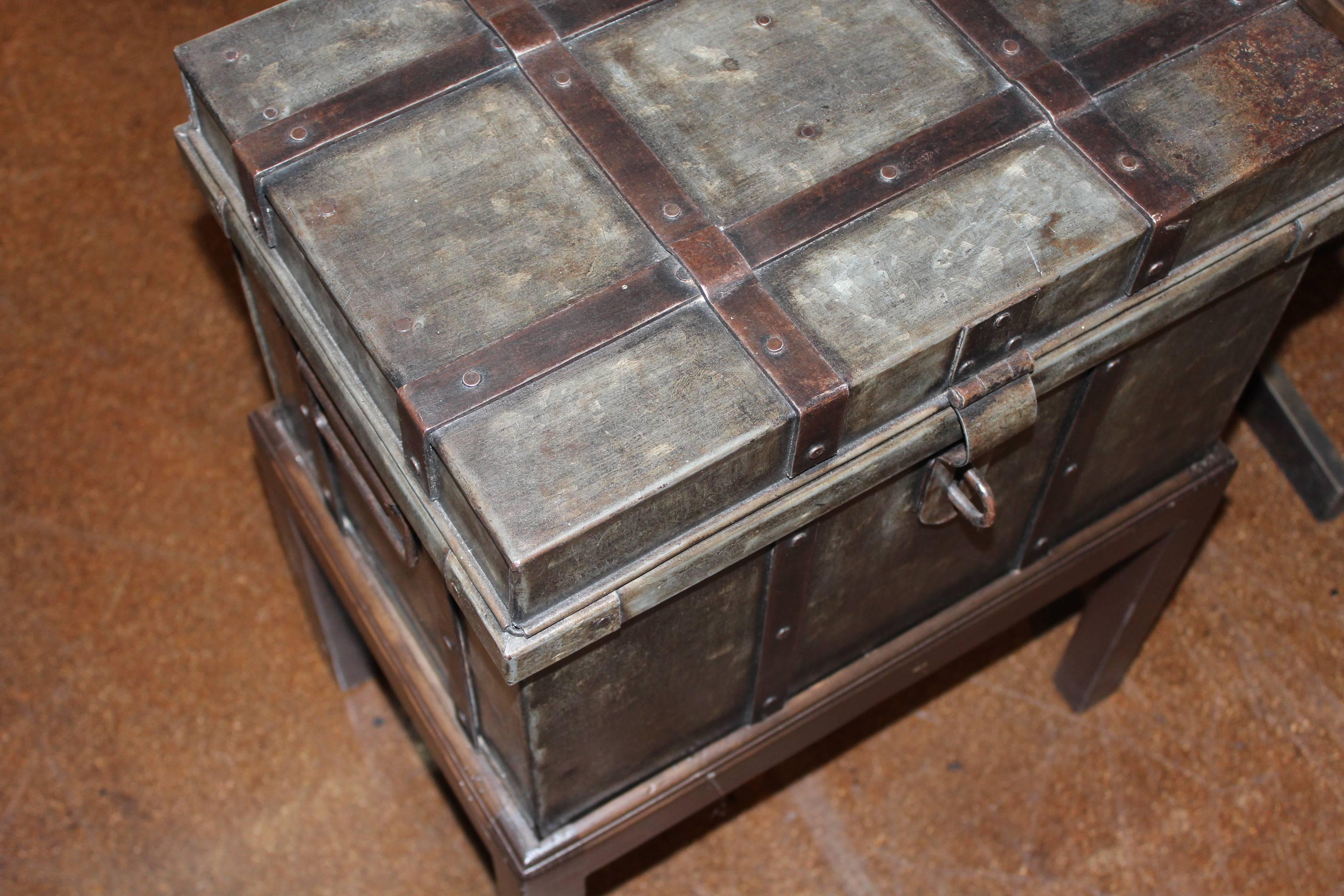 Patinated Vintage Anglo Colonial Strap Design Storage Box on Stand
