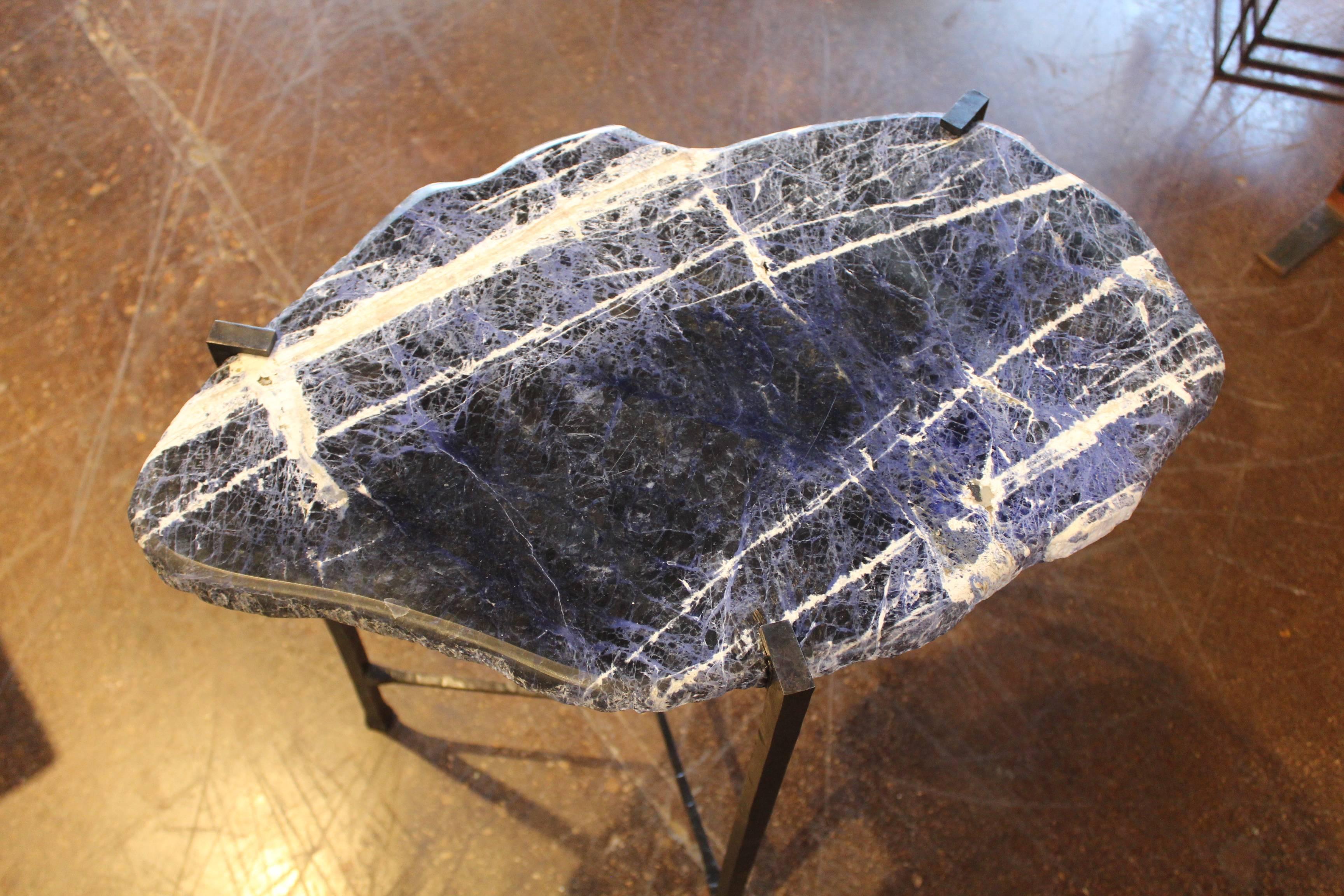 Modern Sodalite Slab Top with Custom Oil Rubbed Iron Base