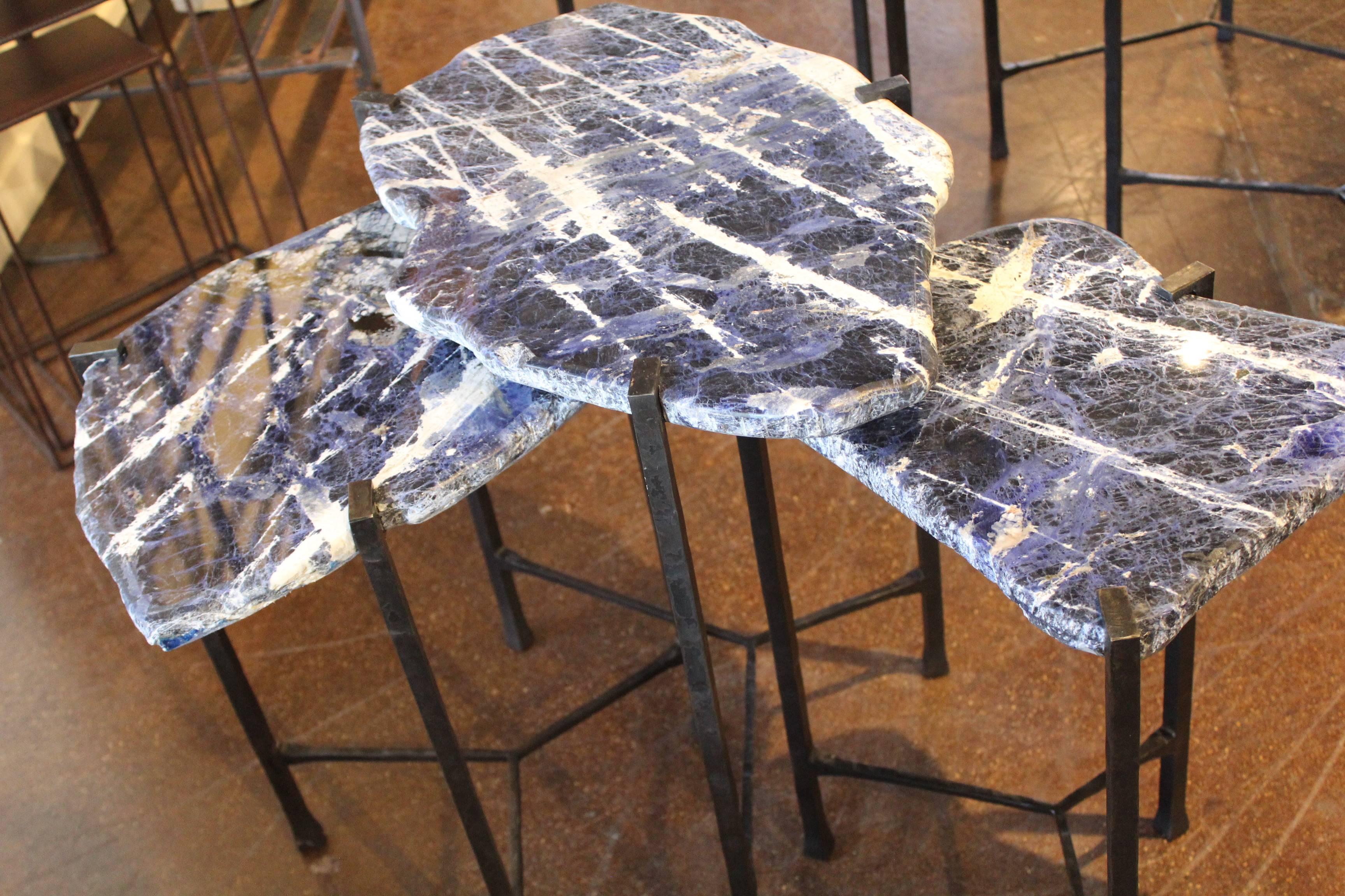 Oiled Sodalite Slab Top with Custom Oil Rubbed Iron Base