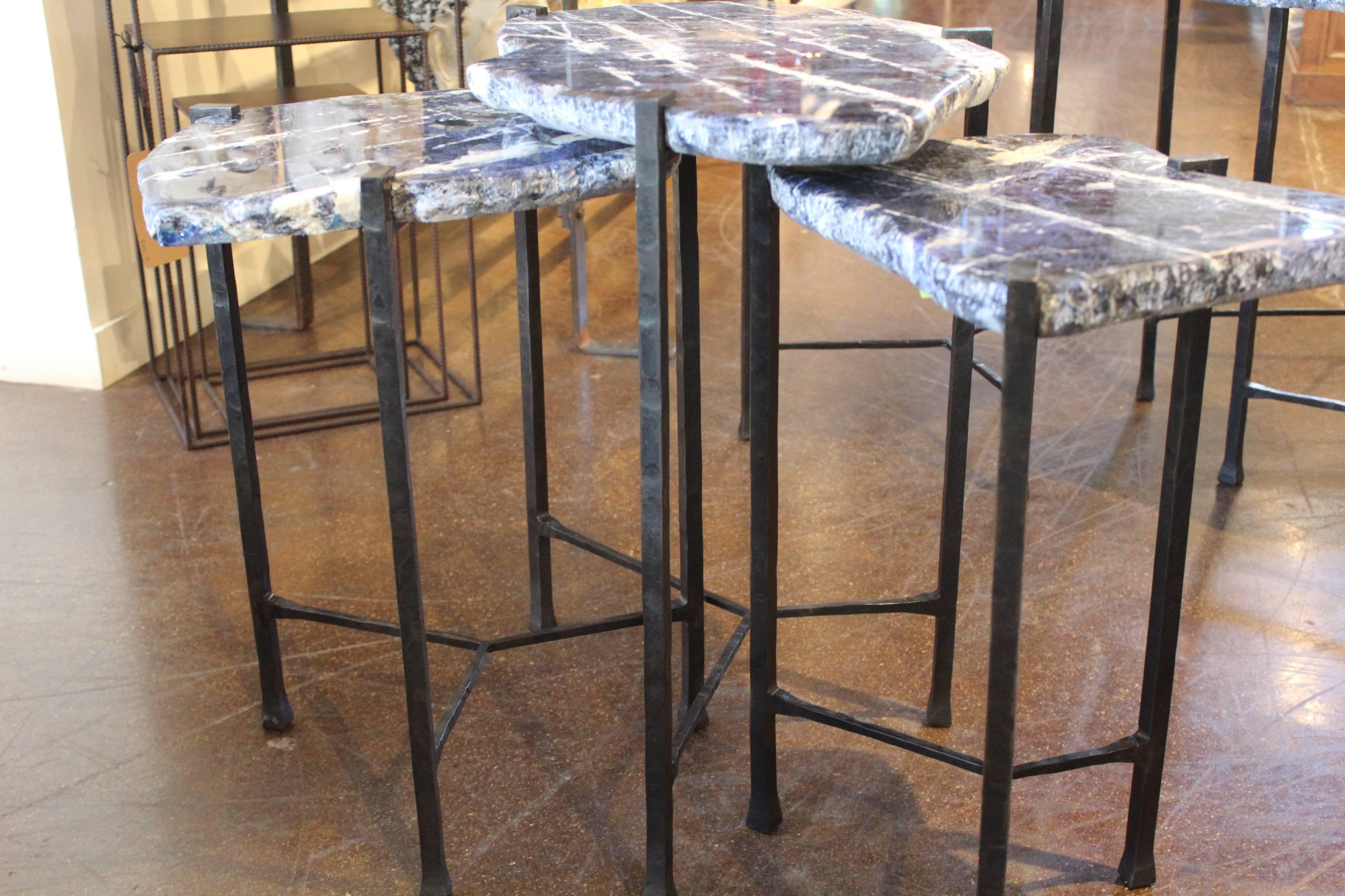 Sodalite Slab Top with Custom Oil Rubbed Iron Base In Excellent Condition In Dallas, TX