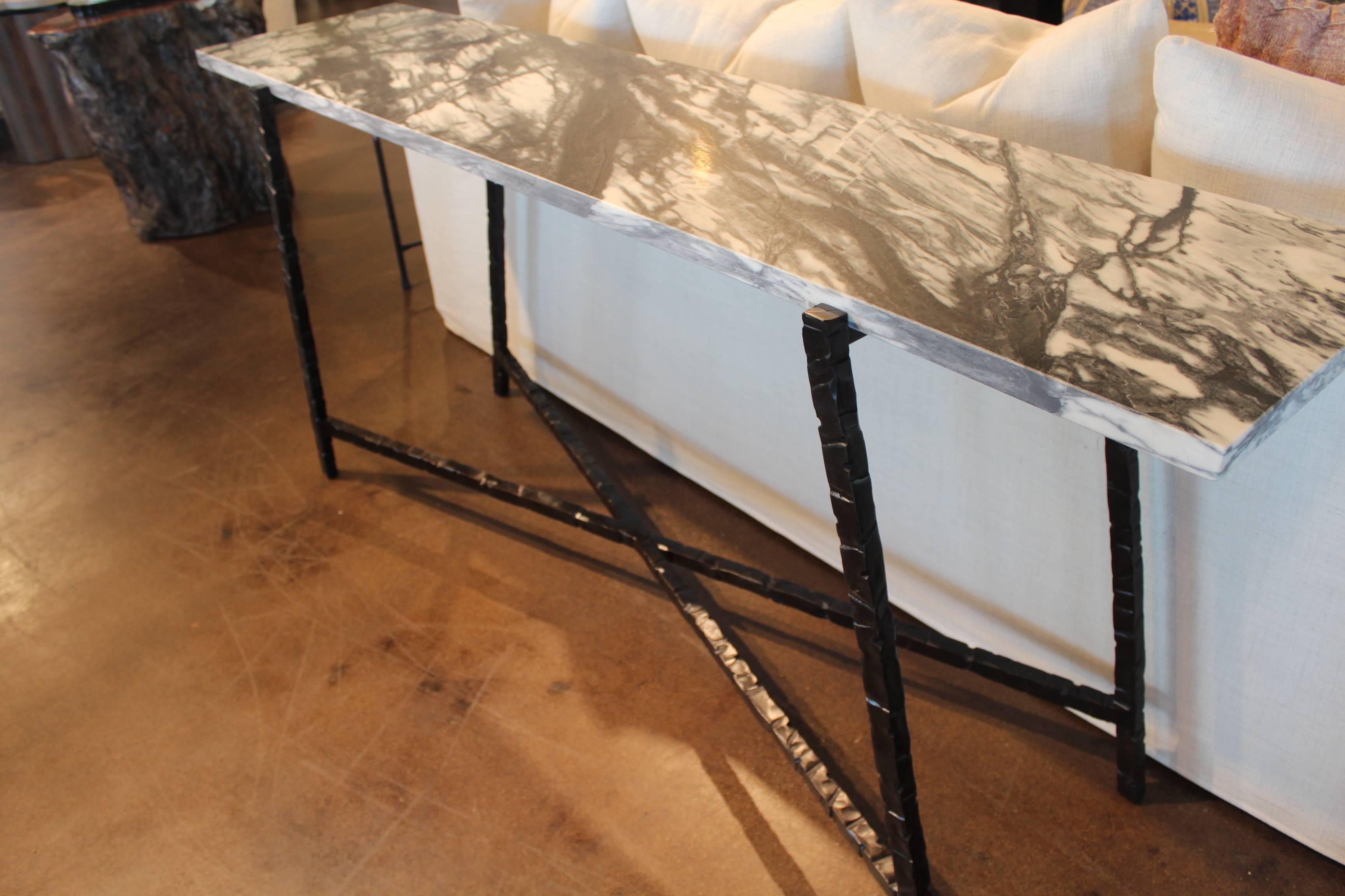 Modern Custom Console with Hammered  Steel Base. Leathered Marqina Marble Top