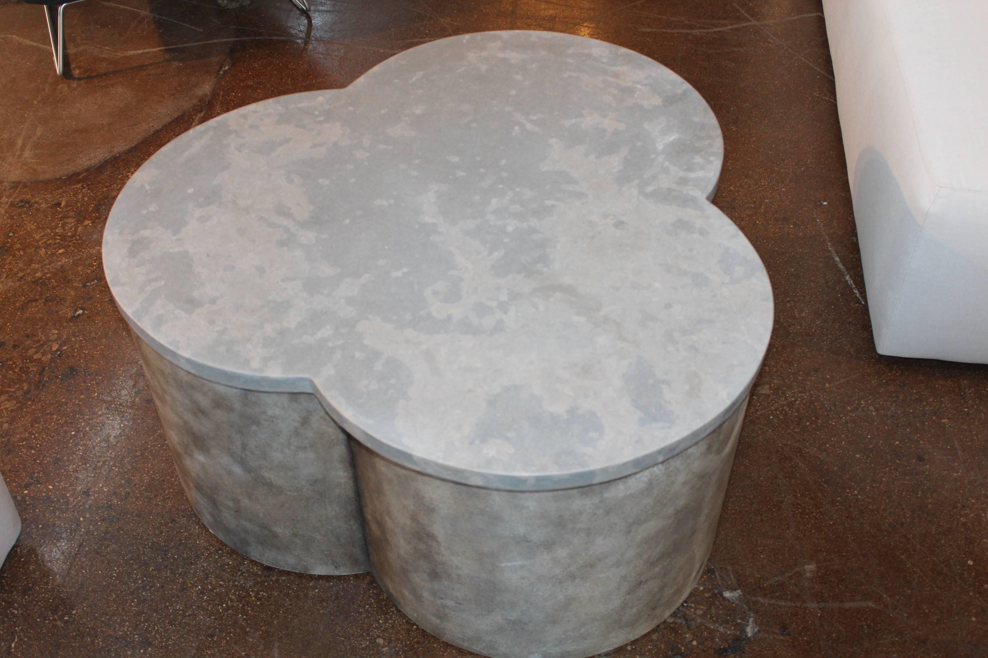 Modern Clover Design Coffee Table with Honed Lagos Azul Limestone Top