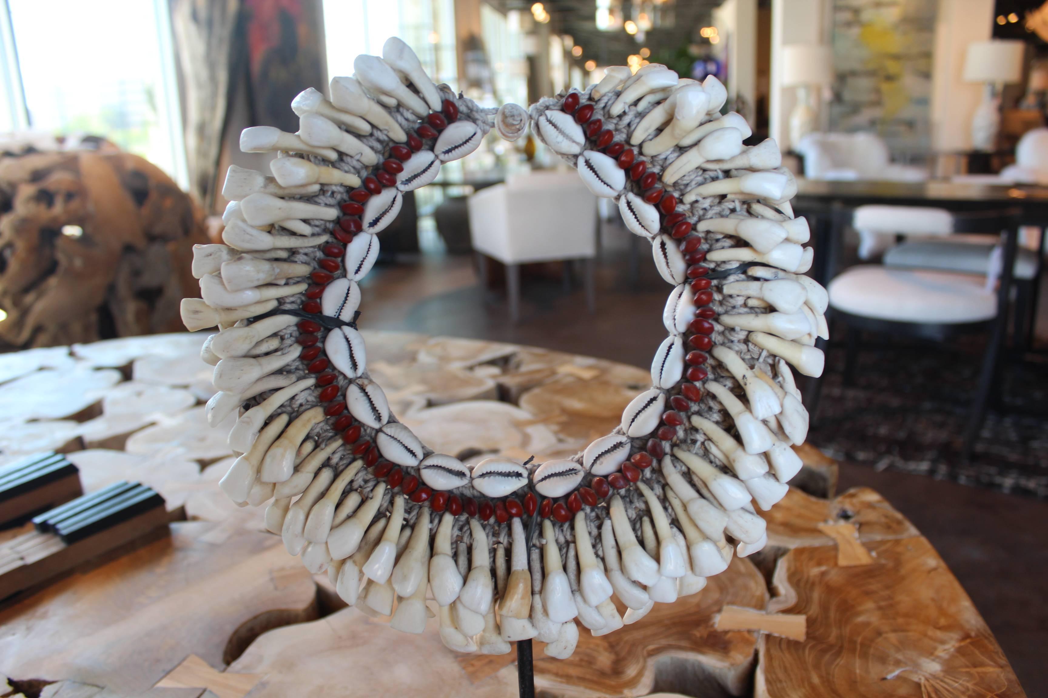 Tribal necklace on mount, consisting of buffalo teeth handwoven into a hemp fiber collar.