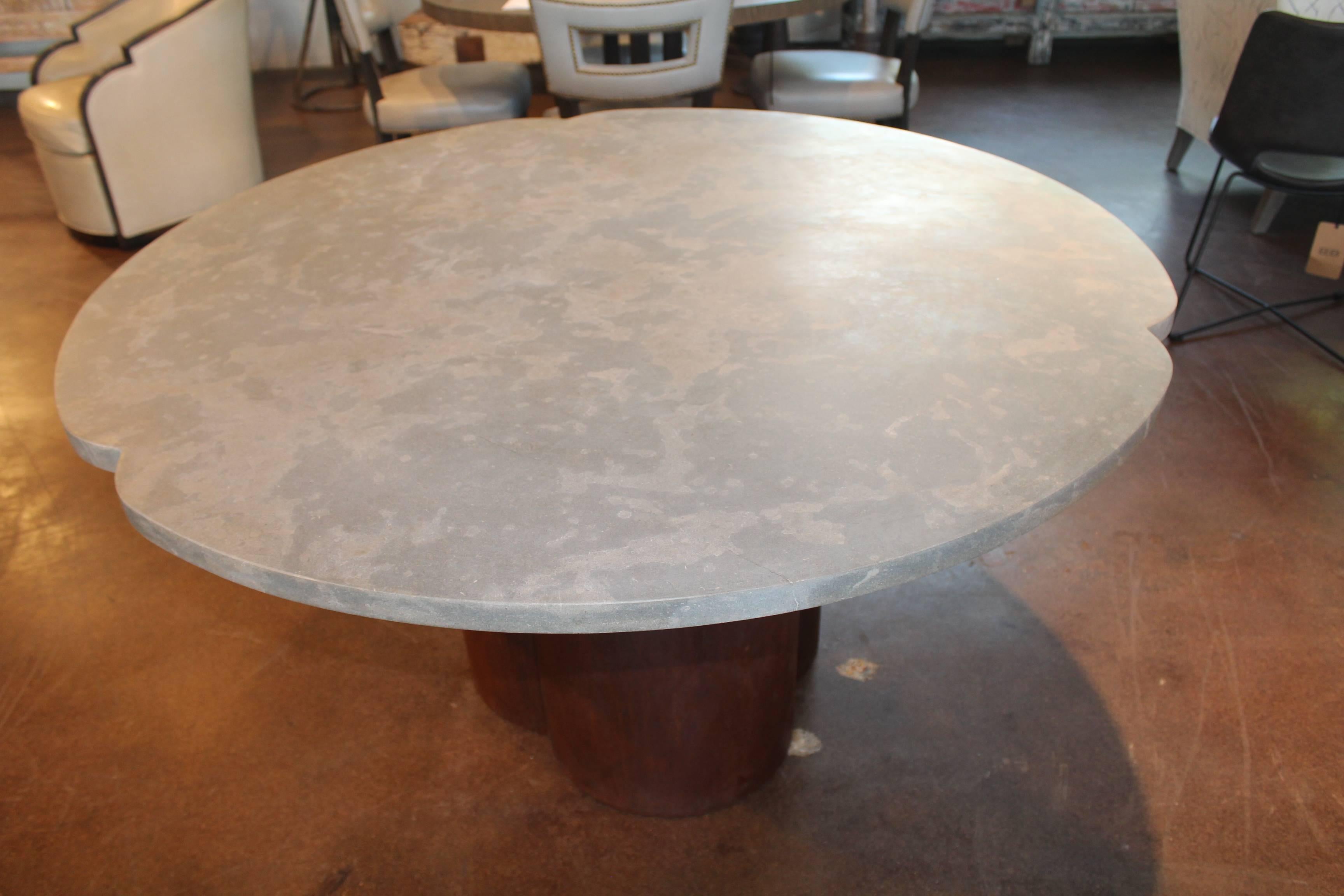 Patinated Clover Shaped Italian Dining Table Base with Honed Lagos Azul Limestone Top