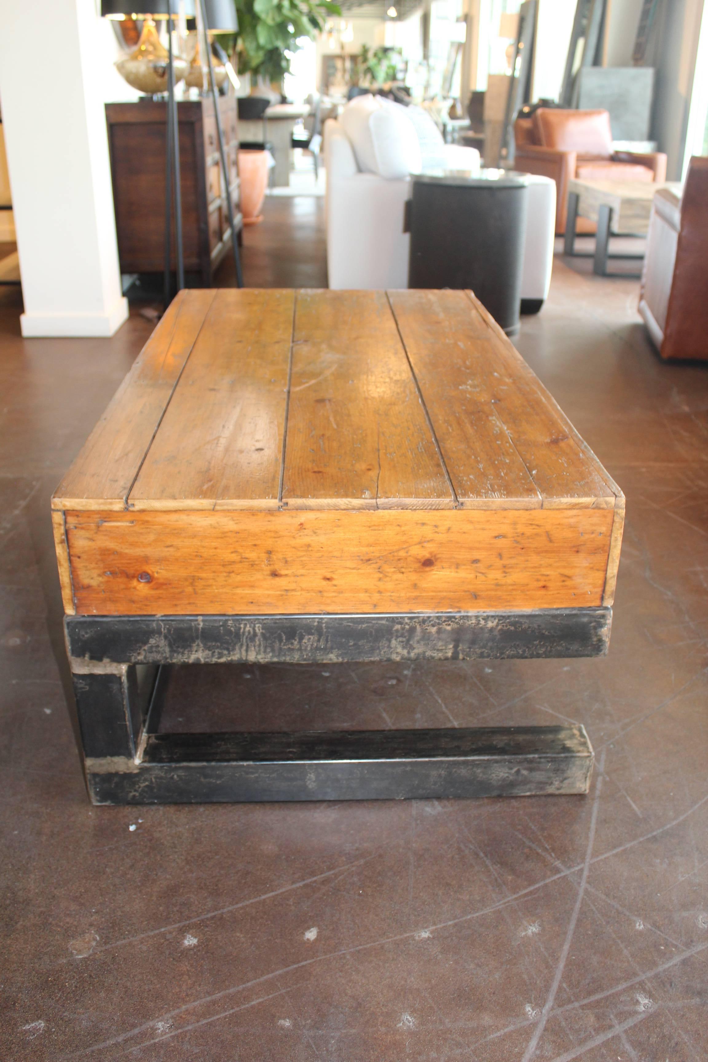 Patinated Vintage French Pine Factory Work Platform as Coffee Table