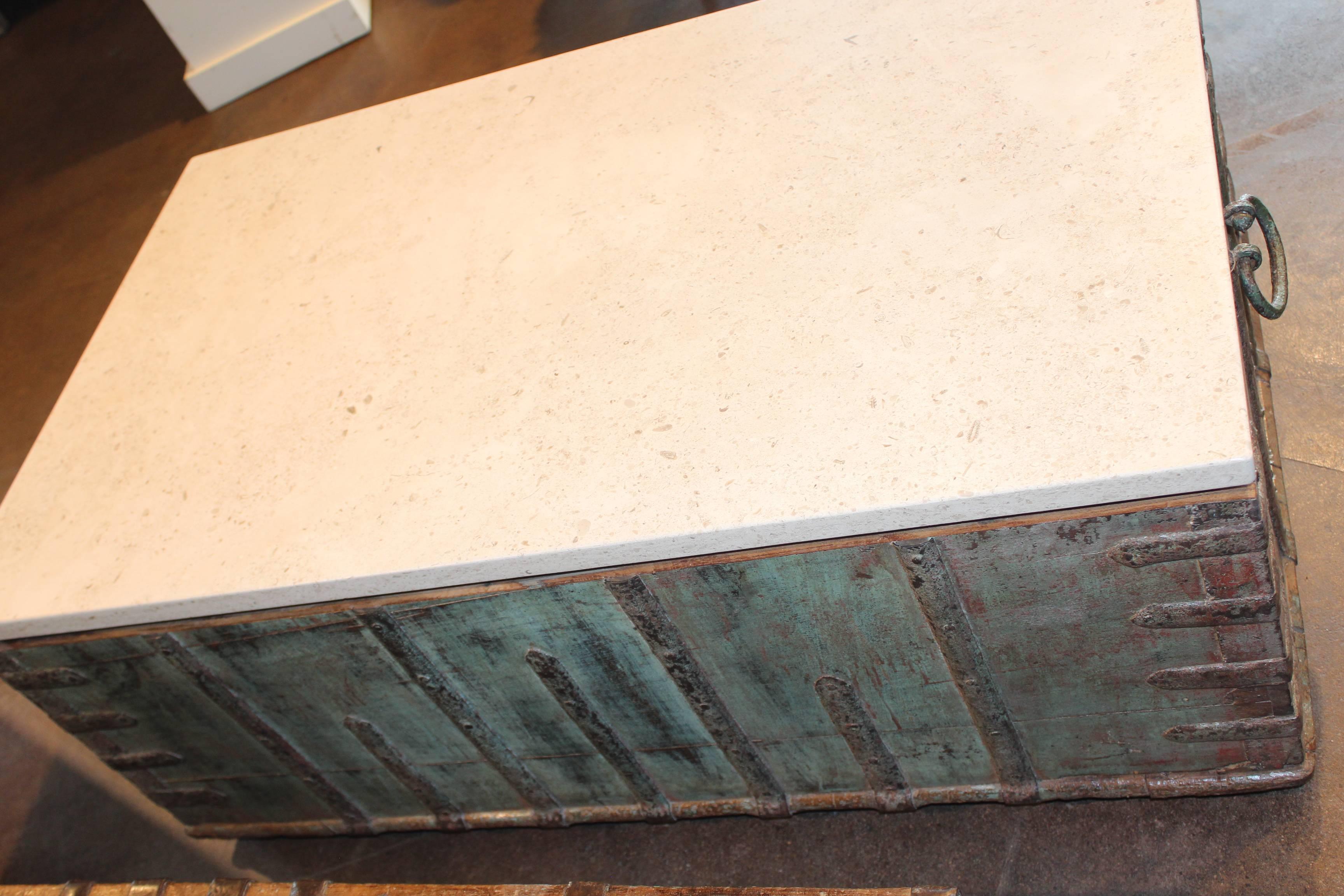 Modern Antique Trunk as Coffee Table with Unusual Strap Hardware and Limestone Top