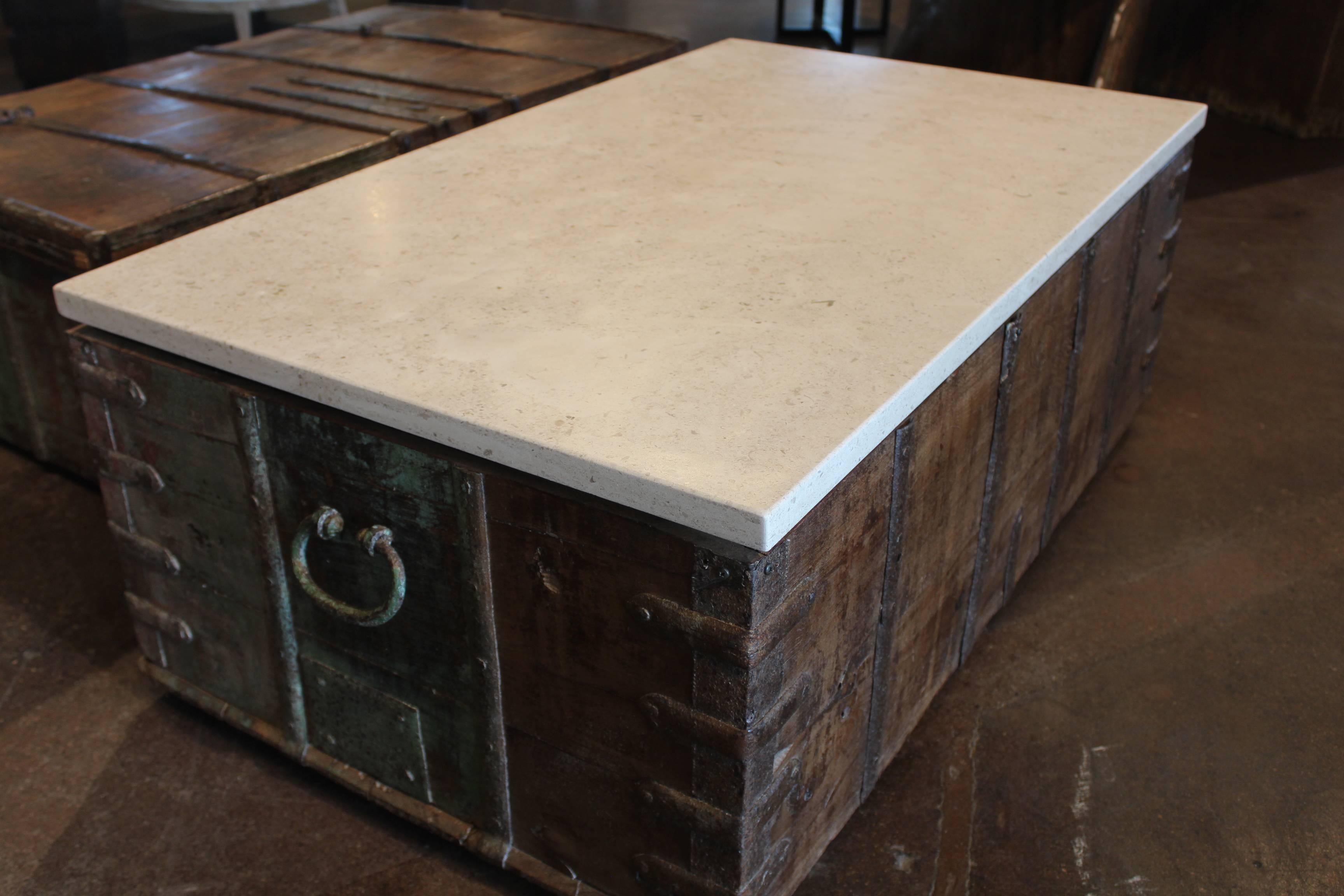 Southeast Asian Antique Trunk as Coffee Table with Unusual Strap Hardware and Limestone Top