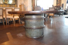 Vintage French Storage Barrel as Table Base with Iron Rimmed Wood Top