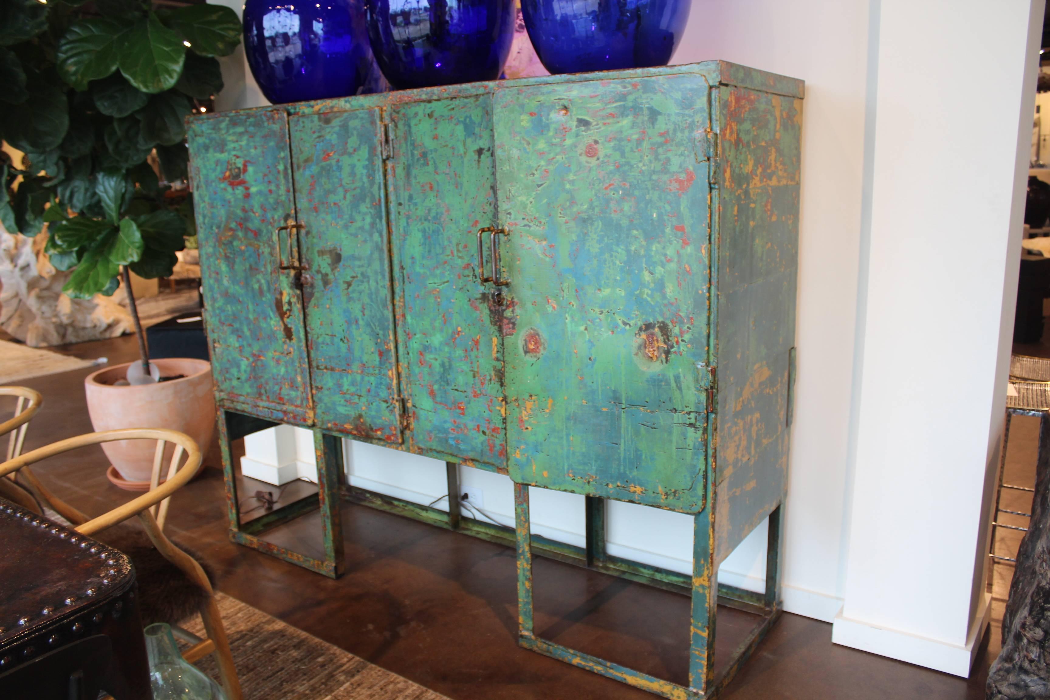 Hand-Painted Vintage French Street Storage Cabinet