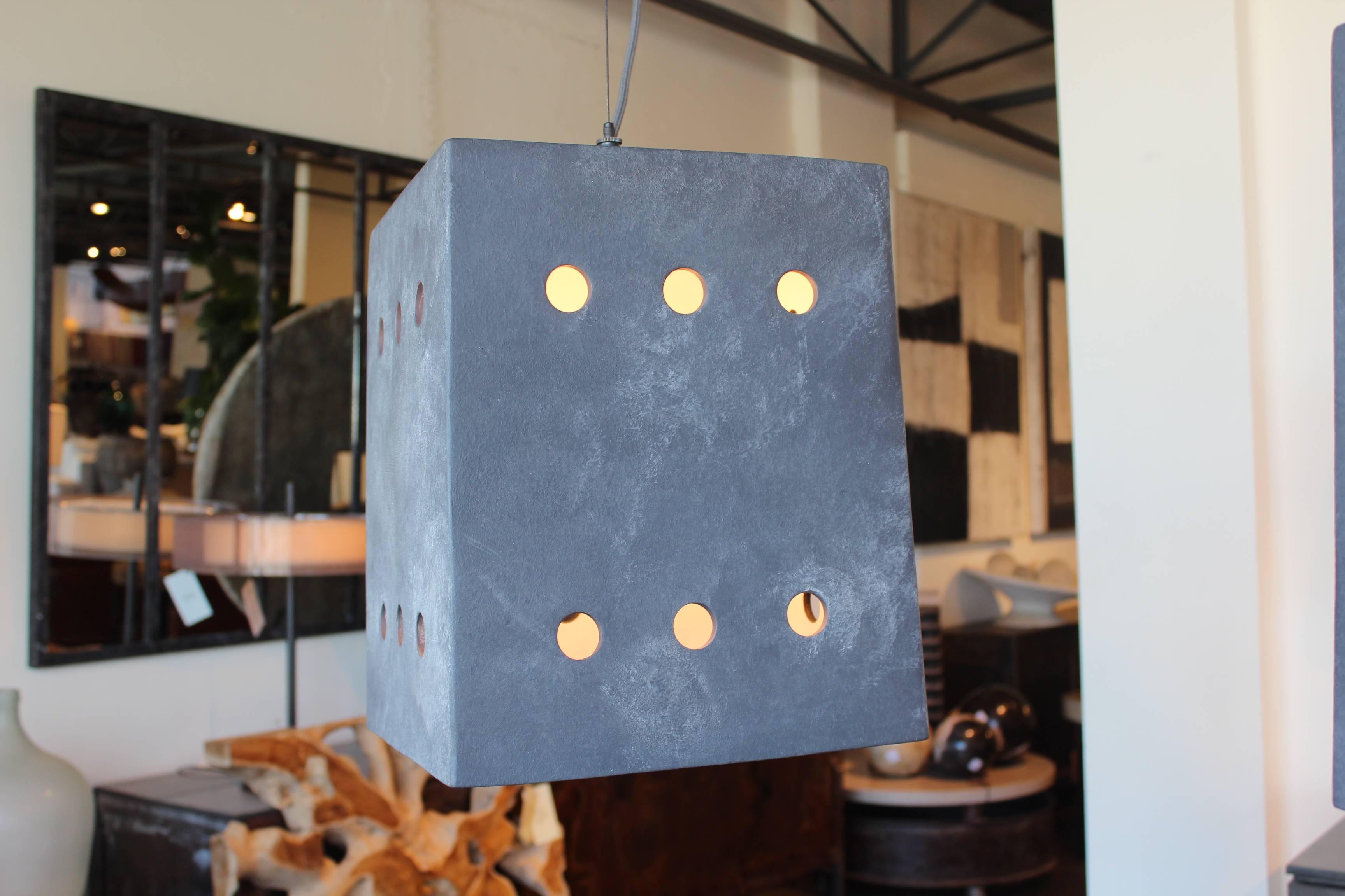 Artisan square porcelain pendant light with circle cut-outs. Designed by Brendan Bass, Made in Italy. Matte charcoal finish.


Brendan Bass Custom -  Item can be reproduced