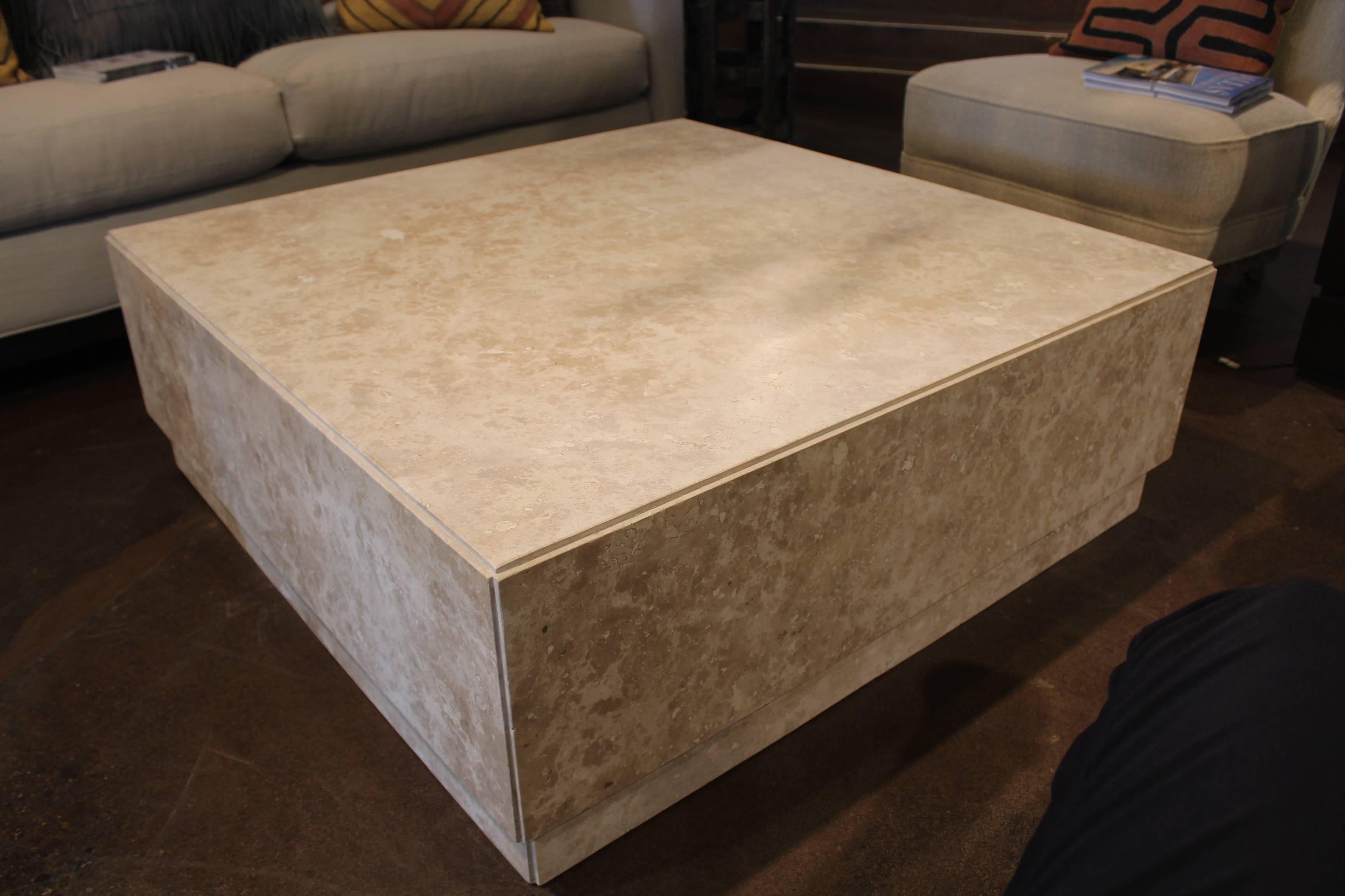 Modern Contemporary Coffee Table with Mitered Corners in Honed Travertine Marble
