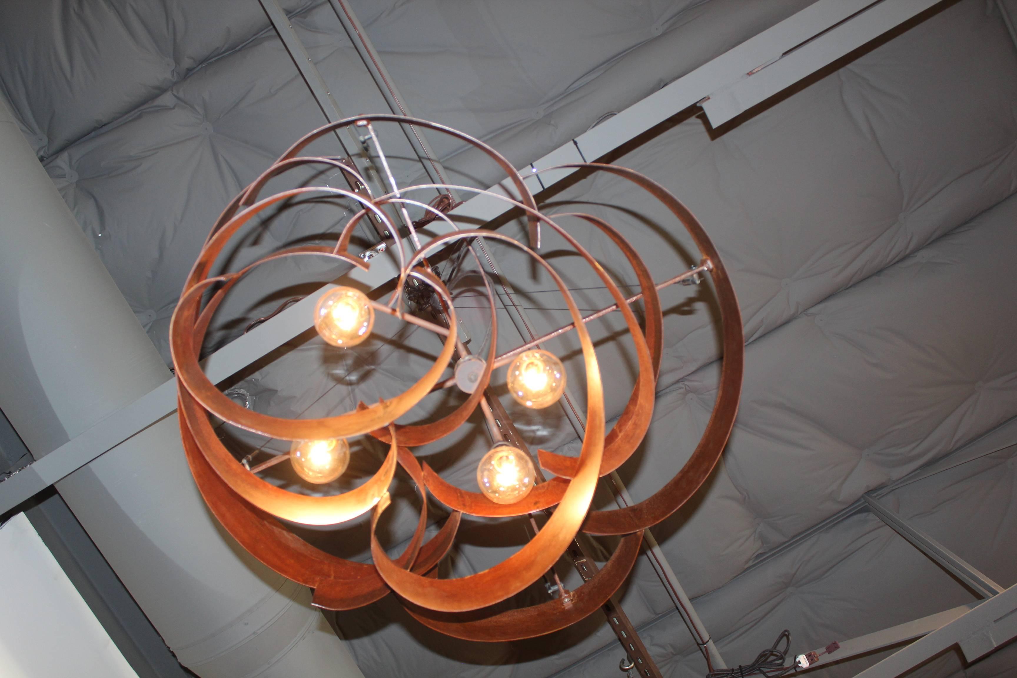 Patinated Sculptural Steel Chandelier in Sealed Natural Rust