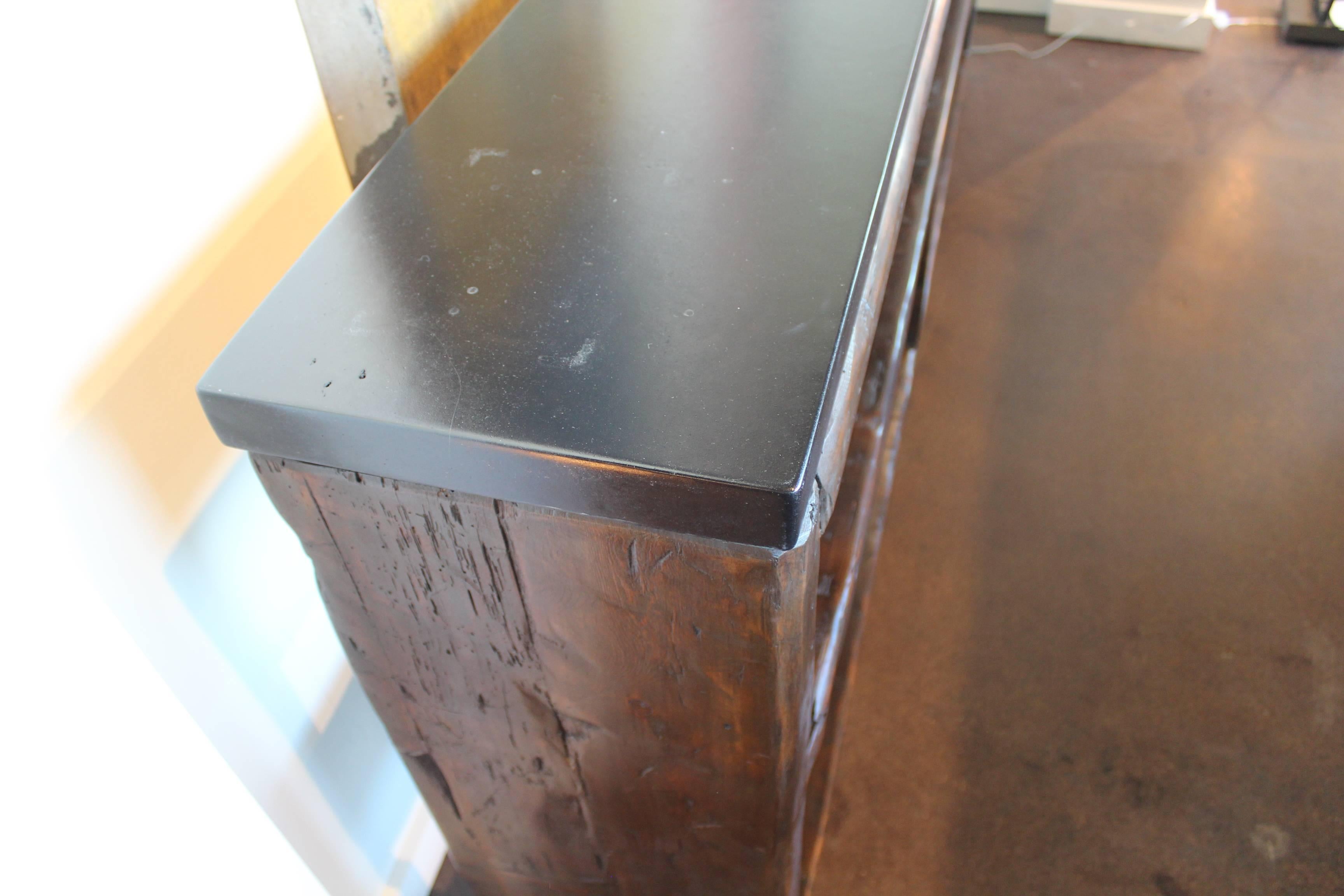 Modern Console Made from French Re-Claimed Pine with Ebonized Limestone Top