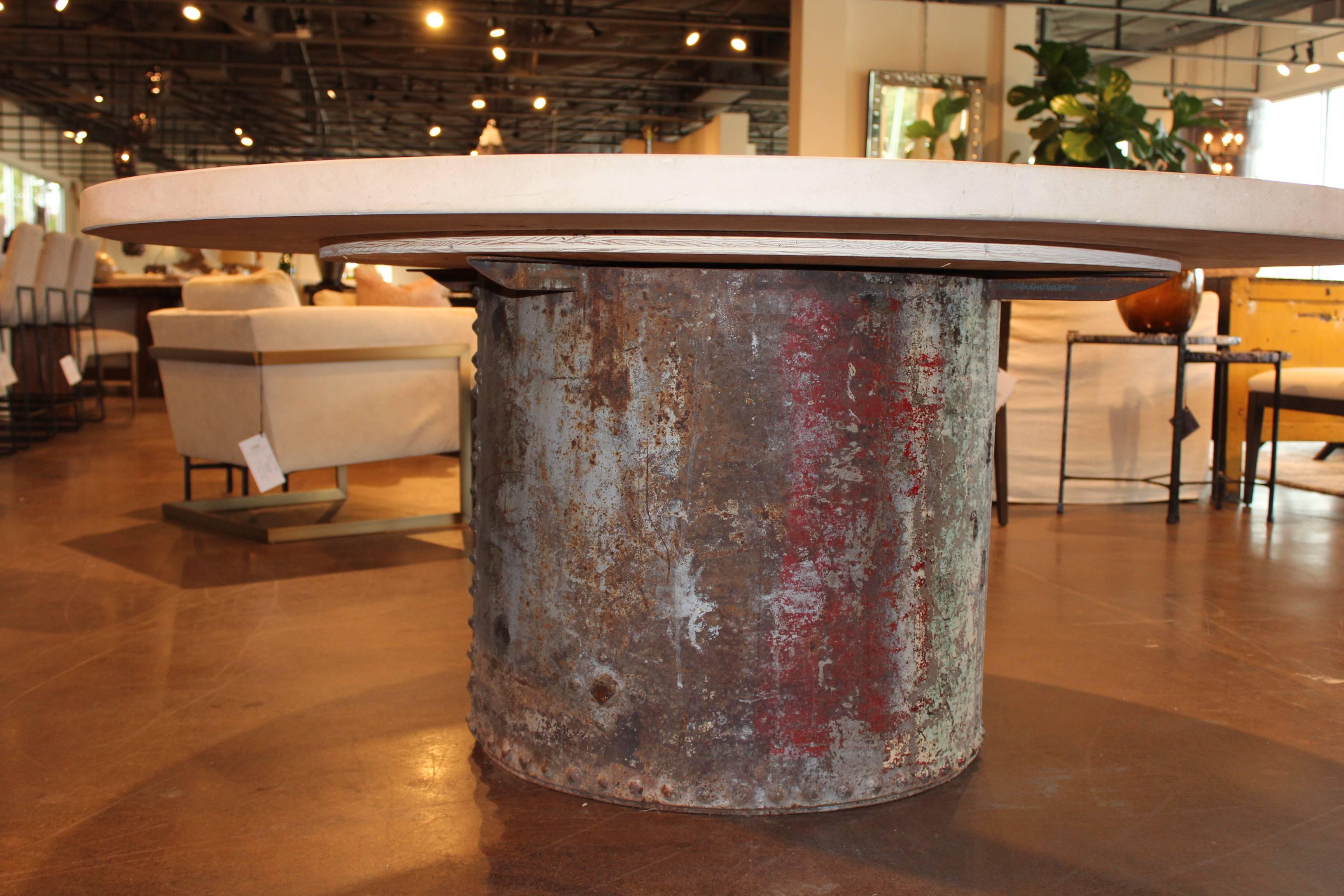Reclaimed French Industrial cylinder with limestone top.