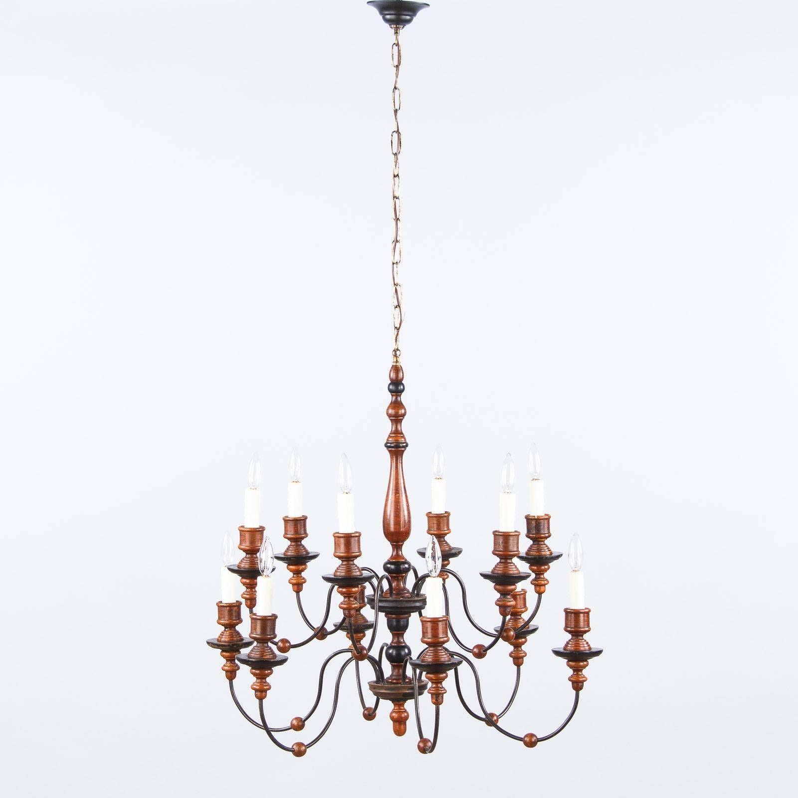 Italian Painted Wood and Metal Chandelier, 1920s-1940s In Good Condition In Austin, TX