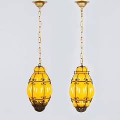 Pair of Mid-Century Caged Murano Glass Pendant Lanterns, 1950s