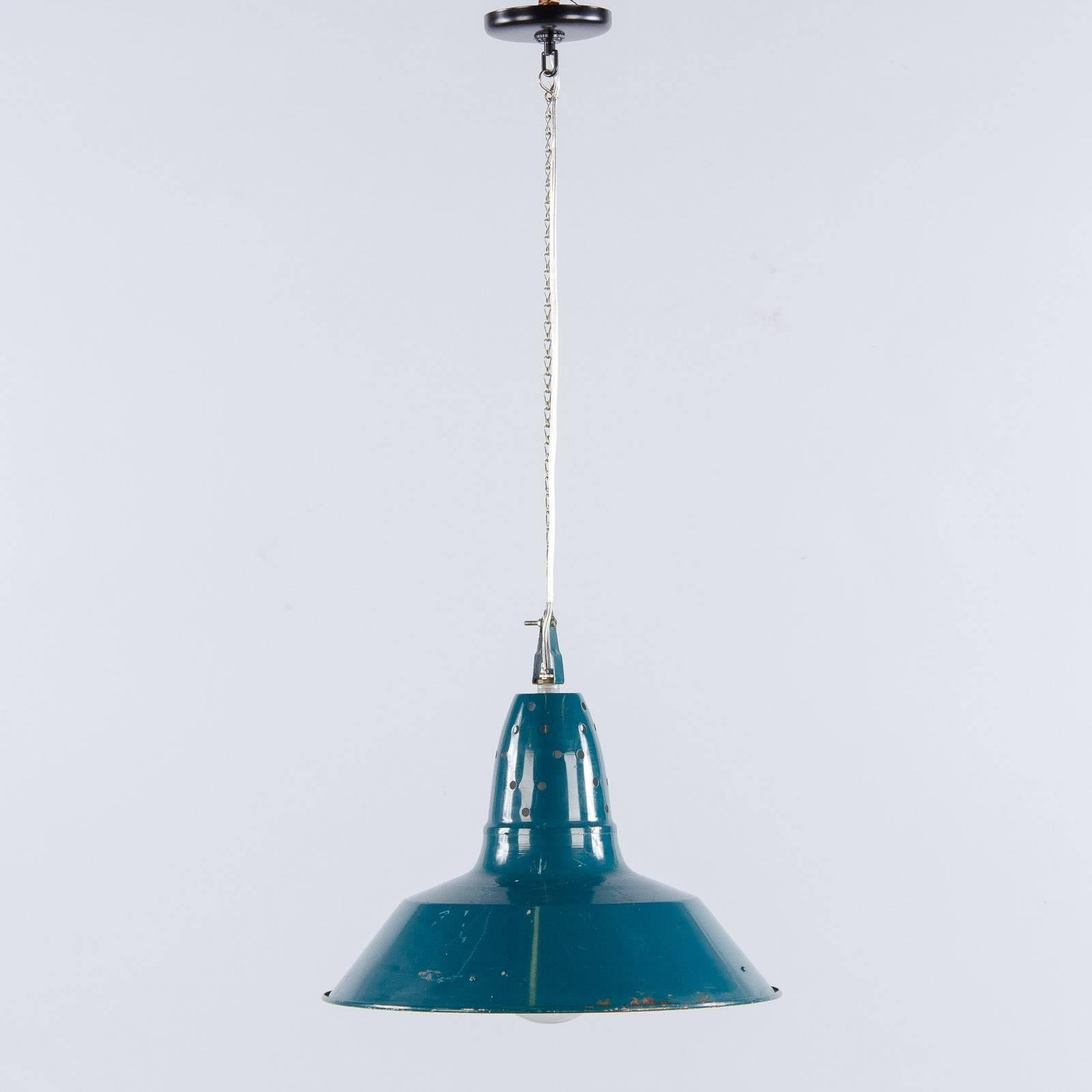 A 1950s French Industrial pendant in blue/green metal. The chain and canopy add an additional 24