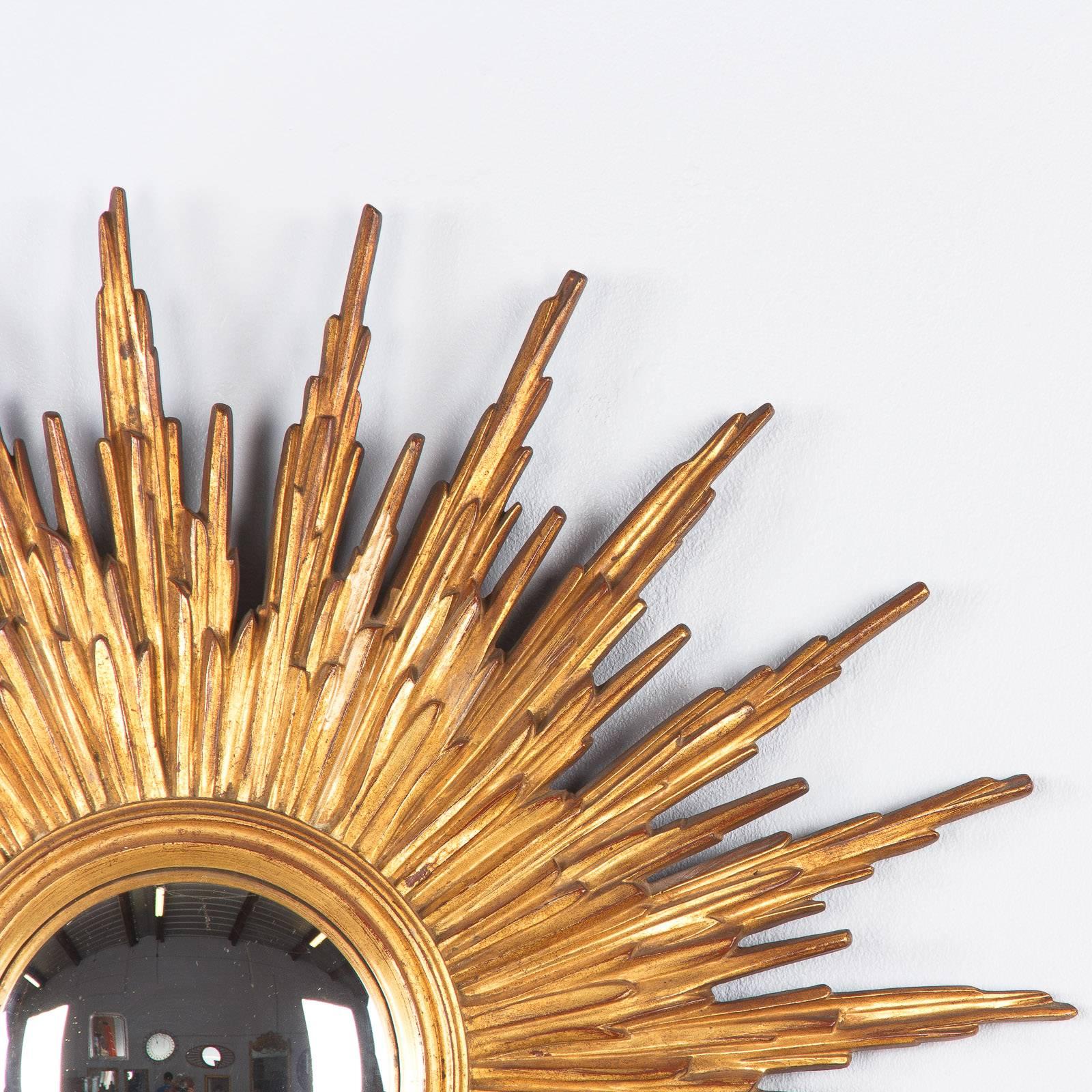 Mid-Century French Giltwood Convex Sunburst Mirror 1