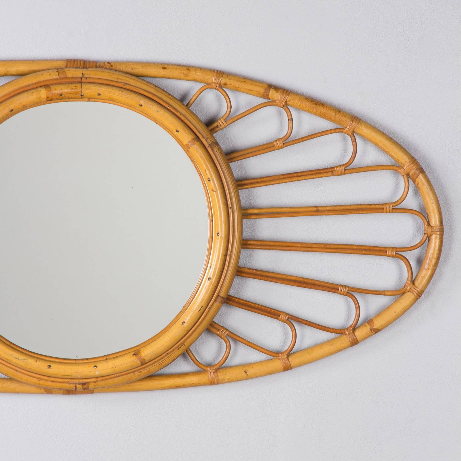 Mid-20th Century Vintage French 1960s Bamboo and Rattan Oval Mirror