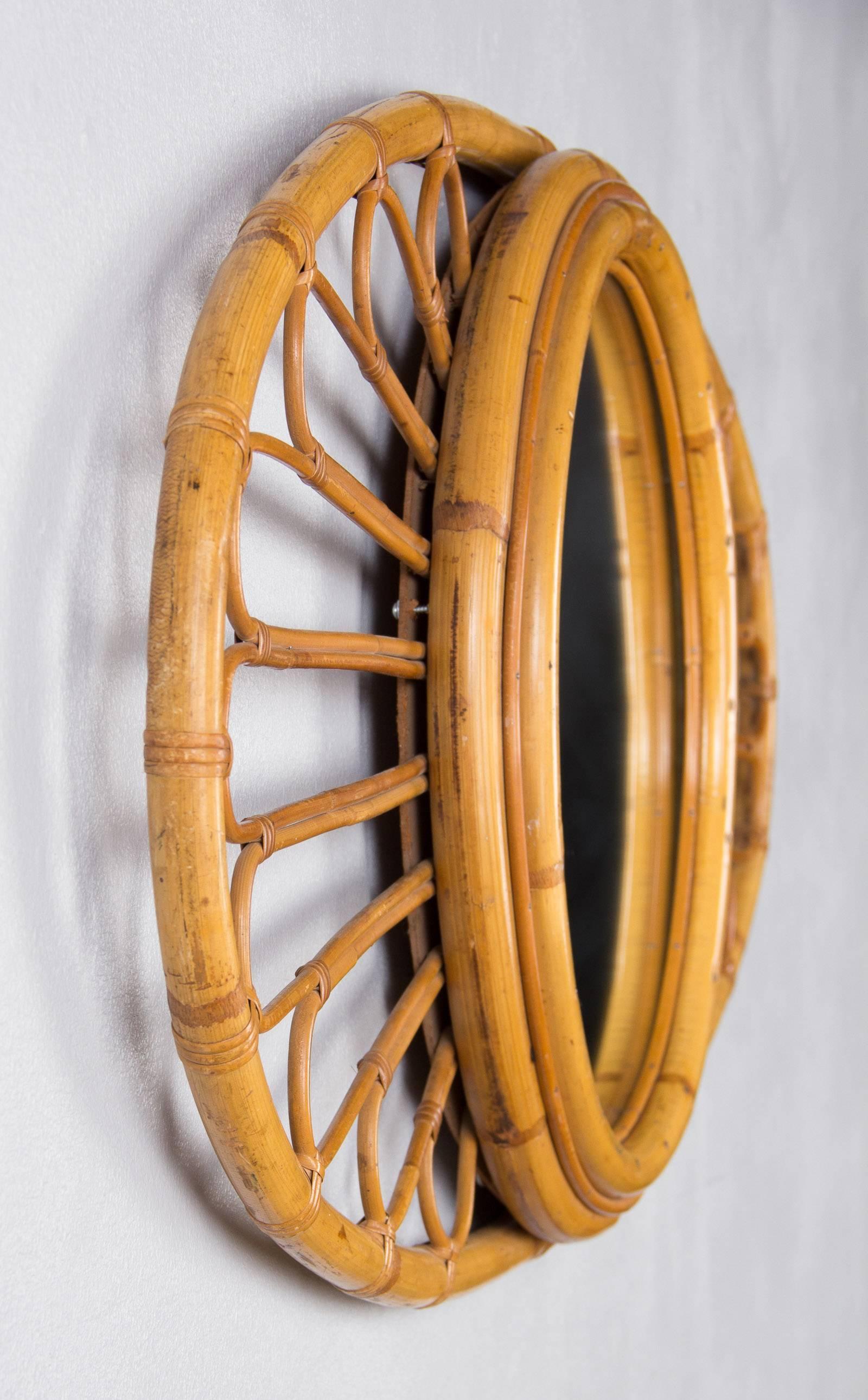 Mid-Century Modern Vintage French 1960s Bamboo and Rattan Oval Mirror