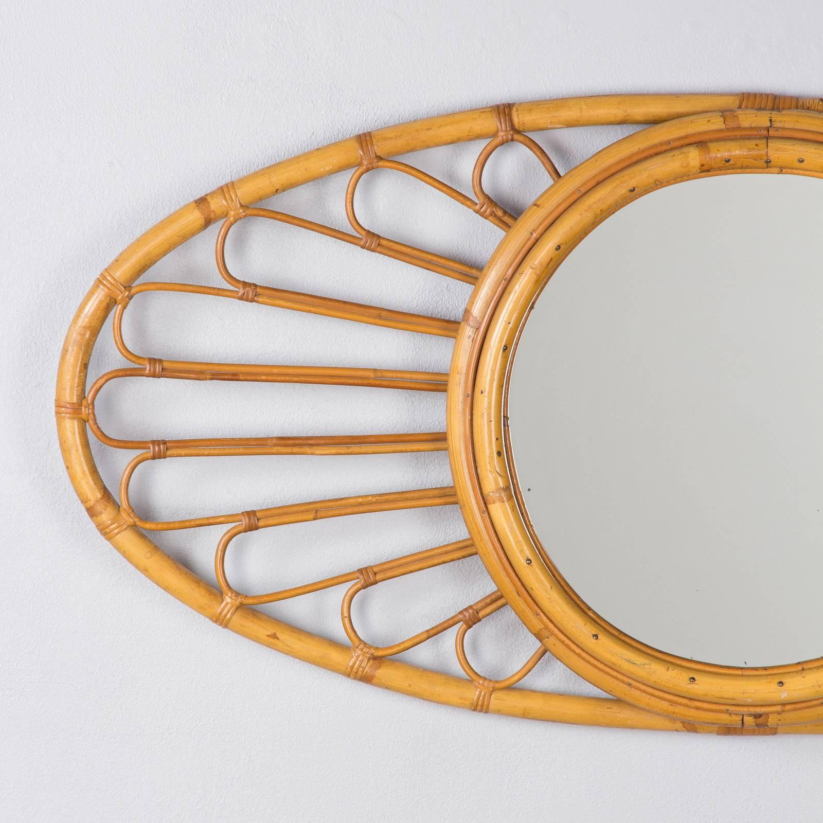 Vintage French 1960s Bamboo and Rattan Oval Mirror In Excellent Condition In Austin, TX