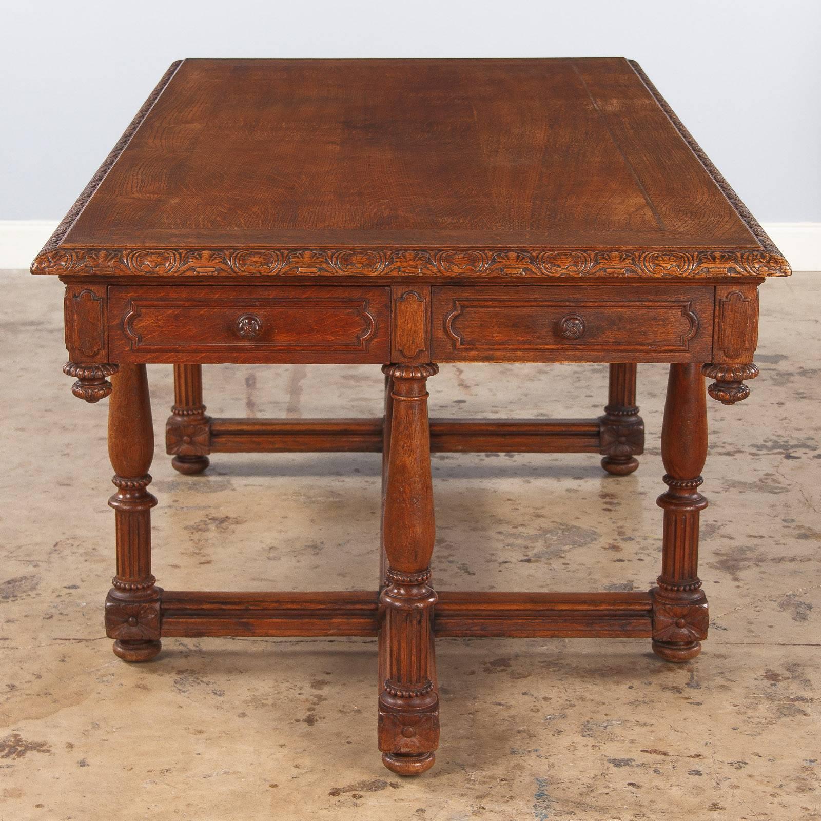 French Renaissance Revival Style Oak Library Table or Desk, Late 1800s In Good Condition In Austin, TX