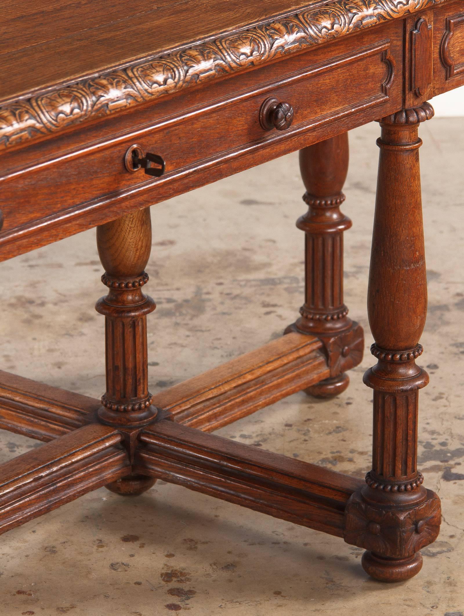 19th Century French Renaissance Revival Style Oak Library Table or Desk, Late 1800s